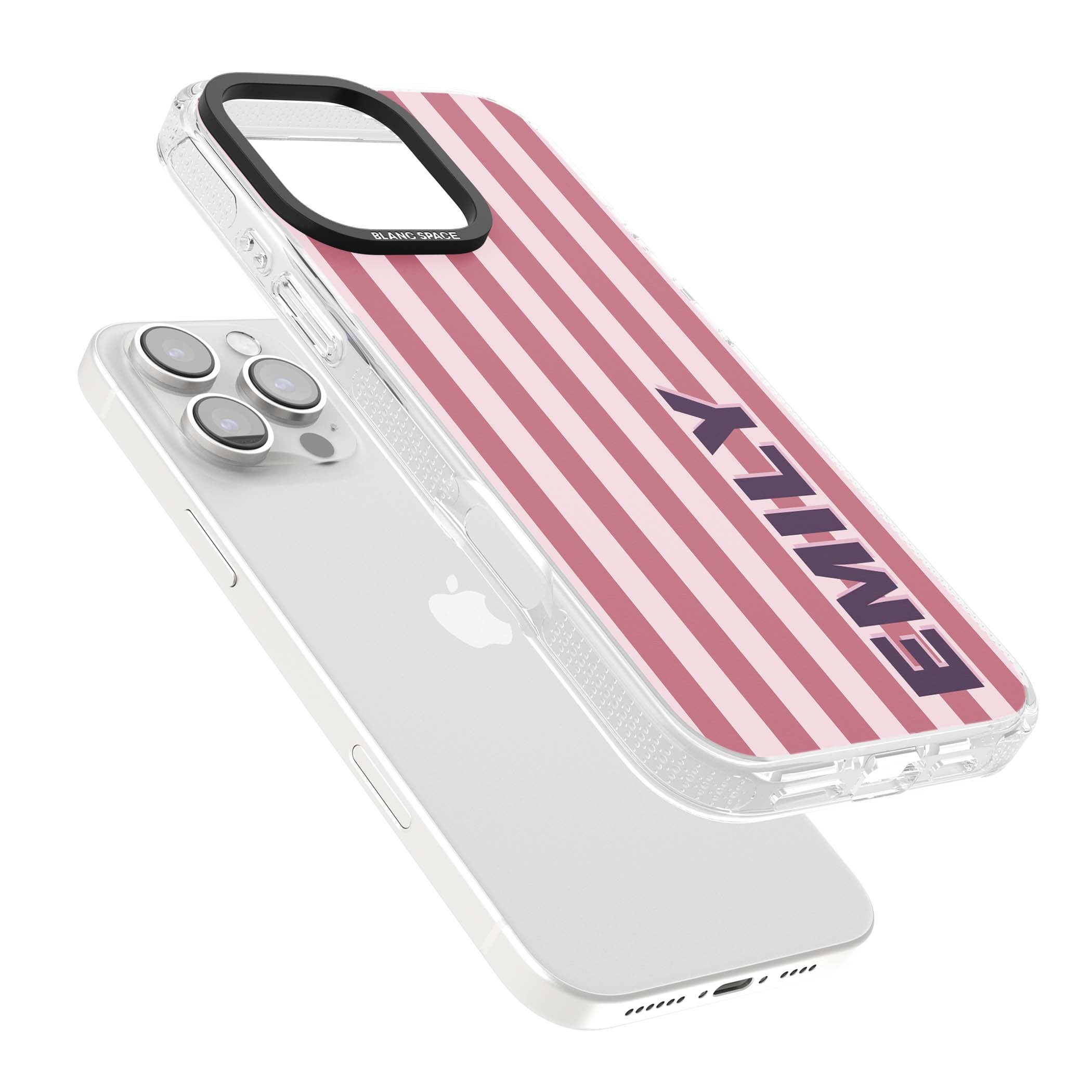 Victoria Stripe personalised iPhone case featuring pink vertical stripes and custom name in bold plum lettering | Clear Case Impact Air case for iPhone 16 Pro, iPhone 16 Pro Max