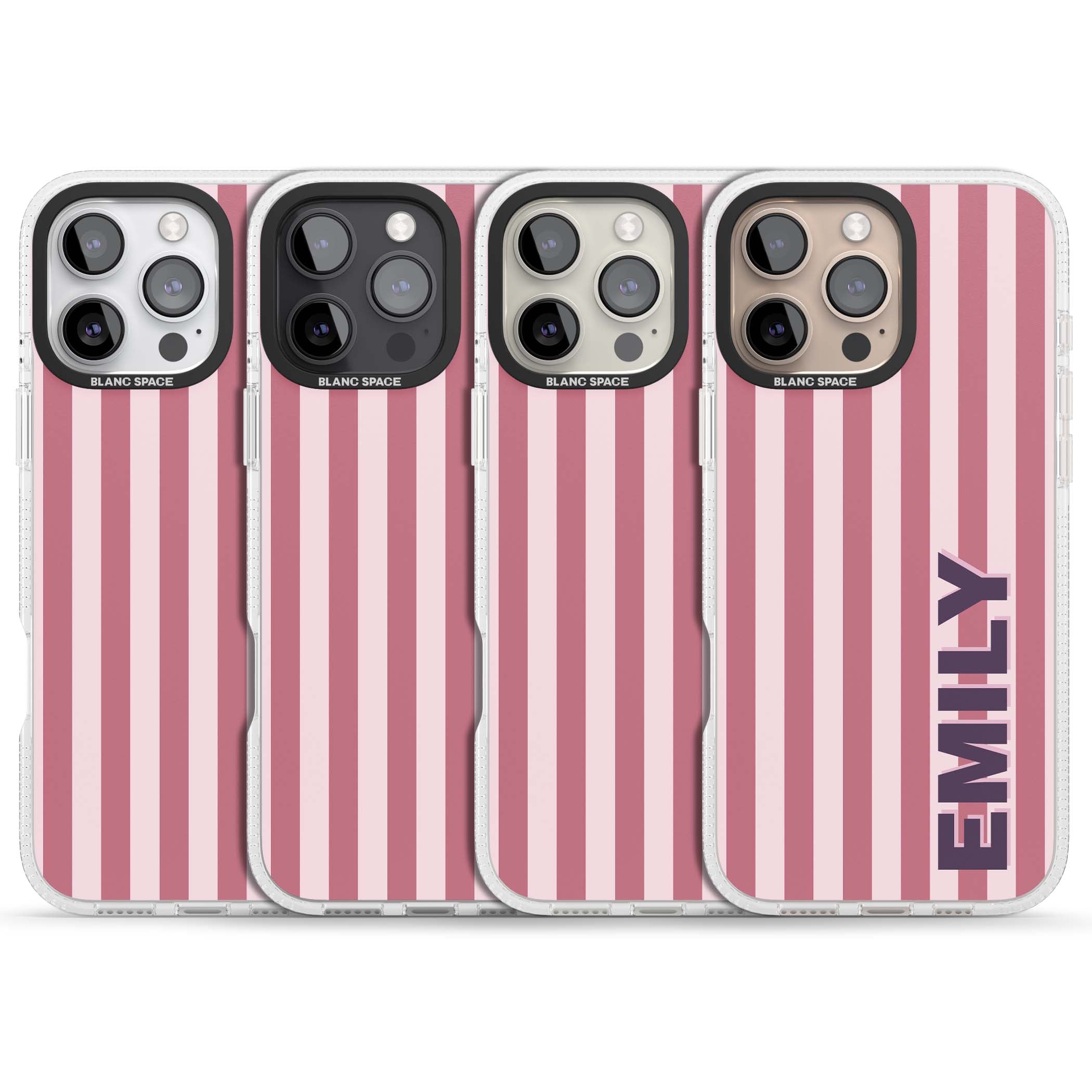 Victoria Stripe personalised iPhone case featuring pink vertical stripes and custom name in bold plum lettering | Clear Case Impact Air case for iPhone 16 Pro, iPhone 16 Pro Max