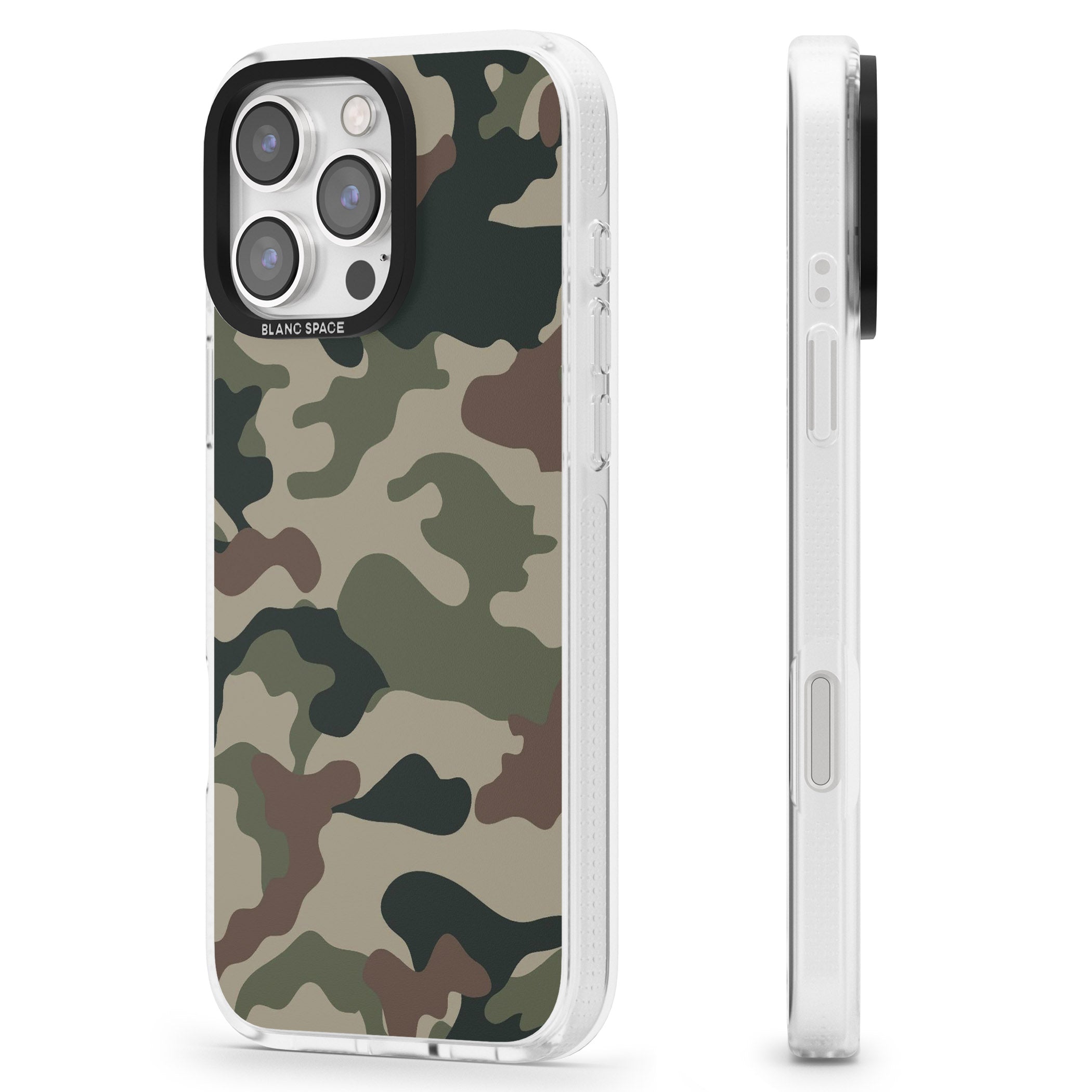 Green and Brown Camo iPhone 16 Pro Max / 16 Pro Clear Case Impact Air - Blanc Space