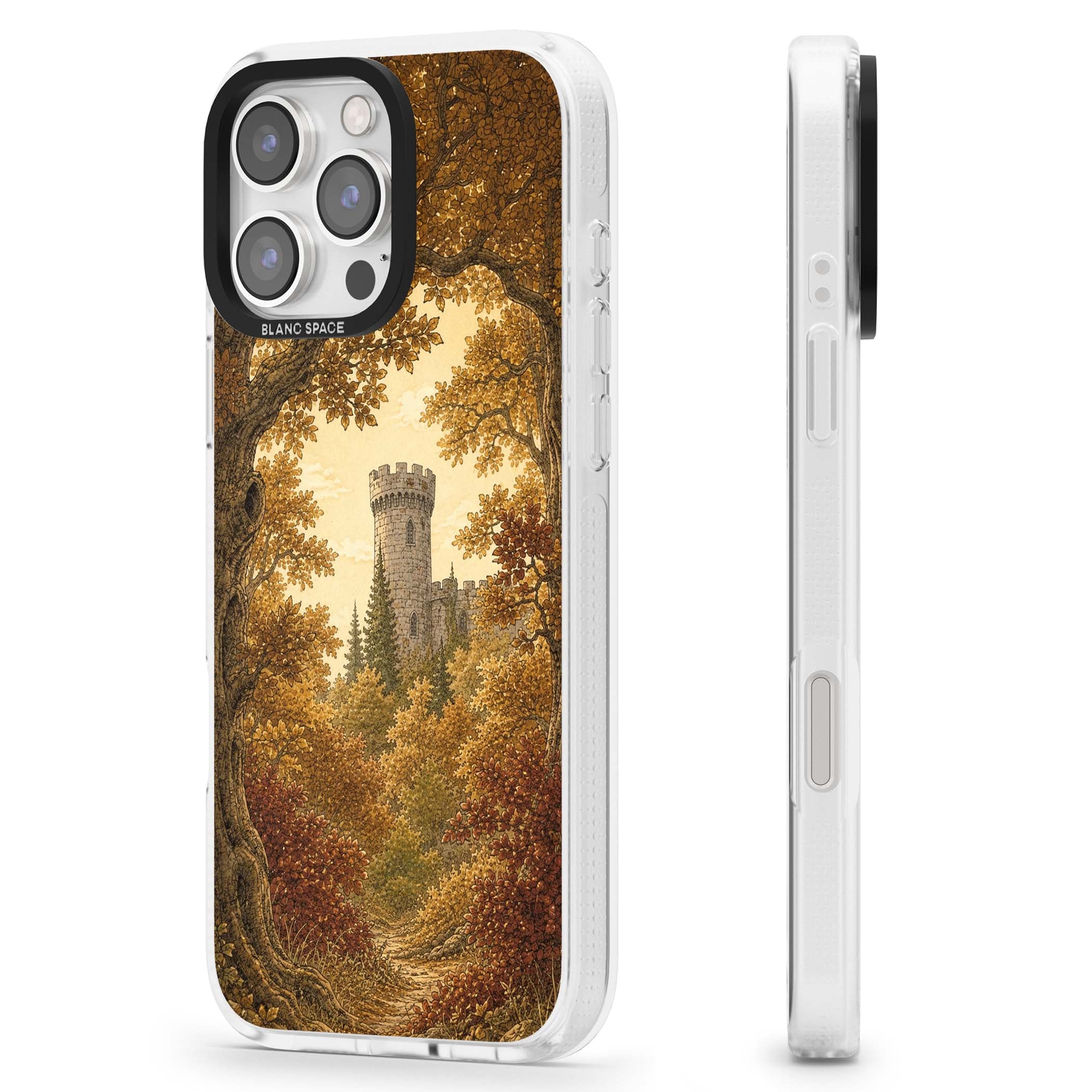 Autumn Keep cottagecore iPhone case featuring a medieval castle tower framed by golden autumn trees and woodland foliage | Clear Case Impact Air case for iPhone 16 Pro, iPhone 16 Pro Max