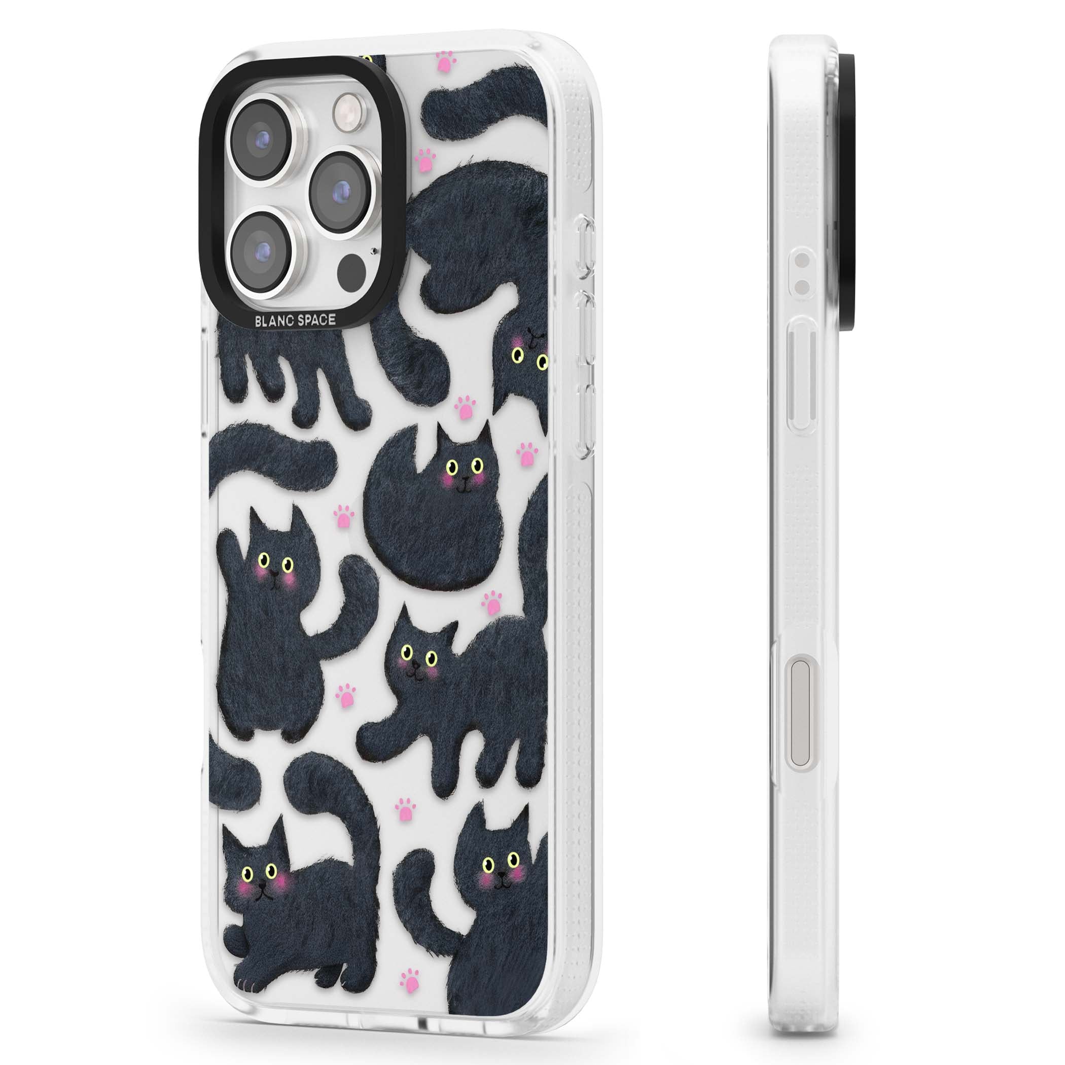 Midnight Cats cute iPhone case featuring black cat pattern with yellow eyes and pink paw prints | Clear Case Impact Air case for iPhone 16 Pro, iPhone 16 Pro Max