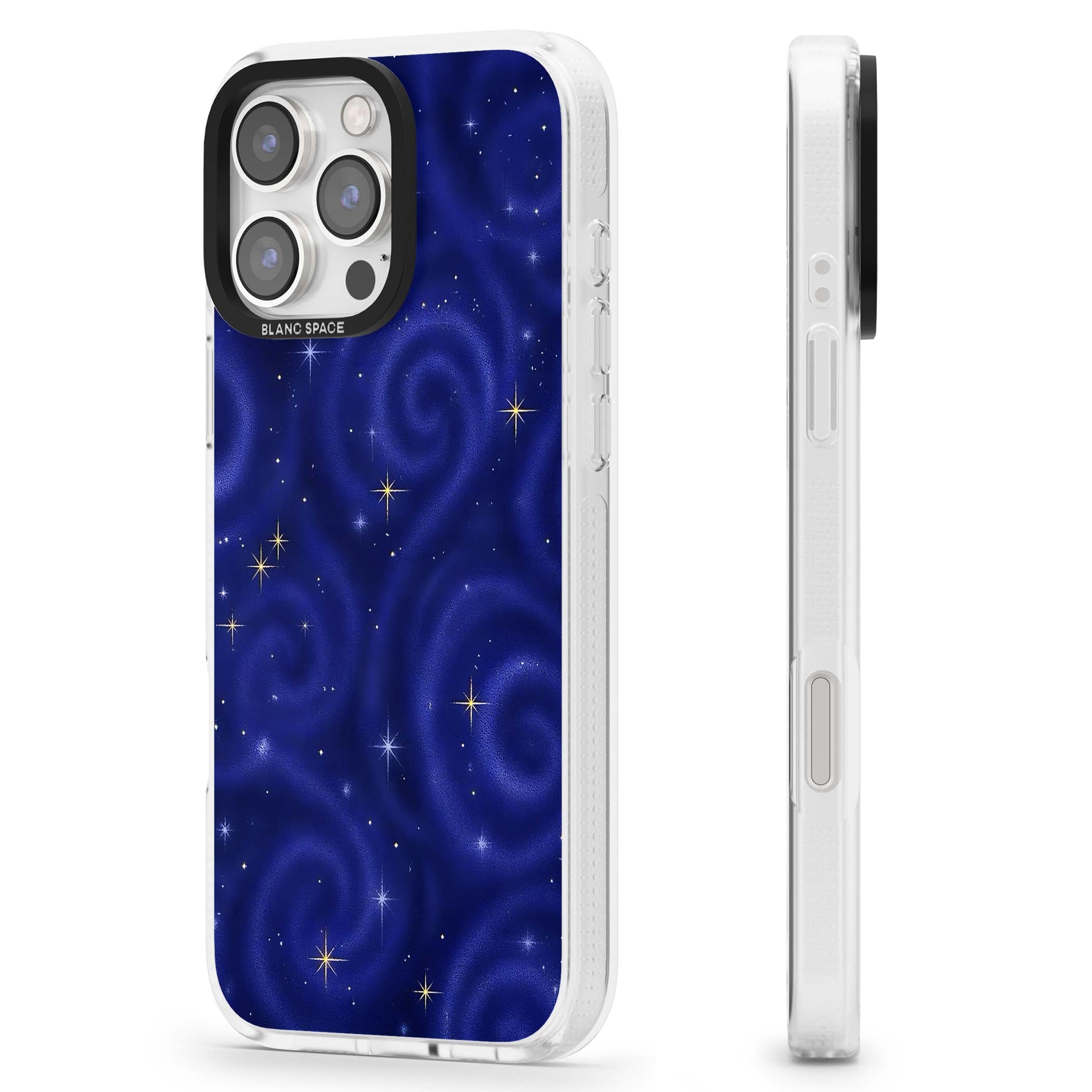 Indigo Cosmos celestial iPhone case featuring swirling navy night sky and sparkling golden stars | Clear Case Impact Air case for iPhone 16 Pro, iPhone 16 Pro Max