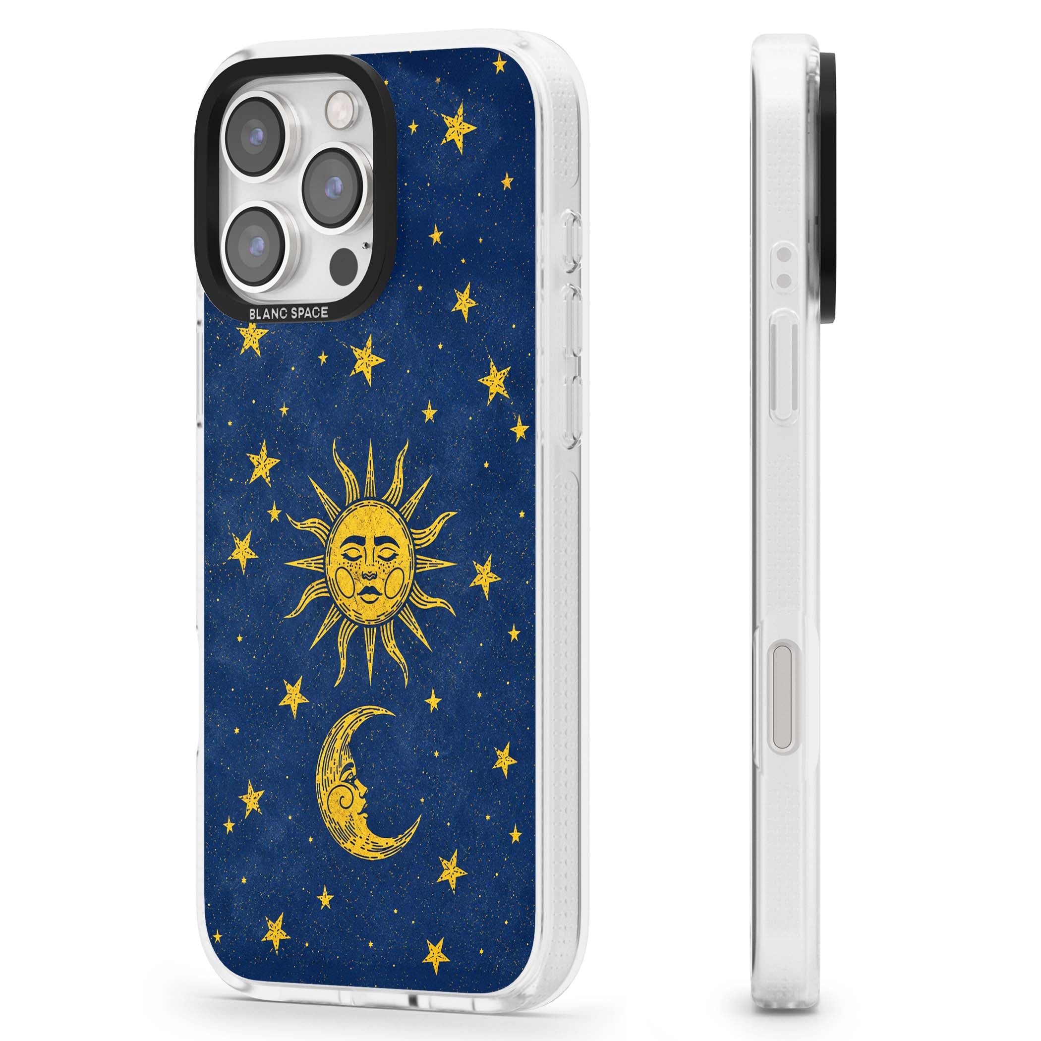 Sun & Moon Reverie celestial iPhone case featuring a vintage golden sun, crescent moon and scattered stars on midnight blue | Clear Case Impact Air case for iPhone 16 Pro, iPhone 16 Pro Max