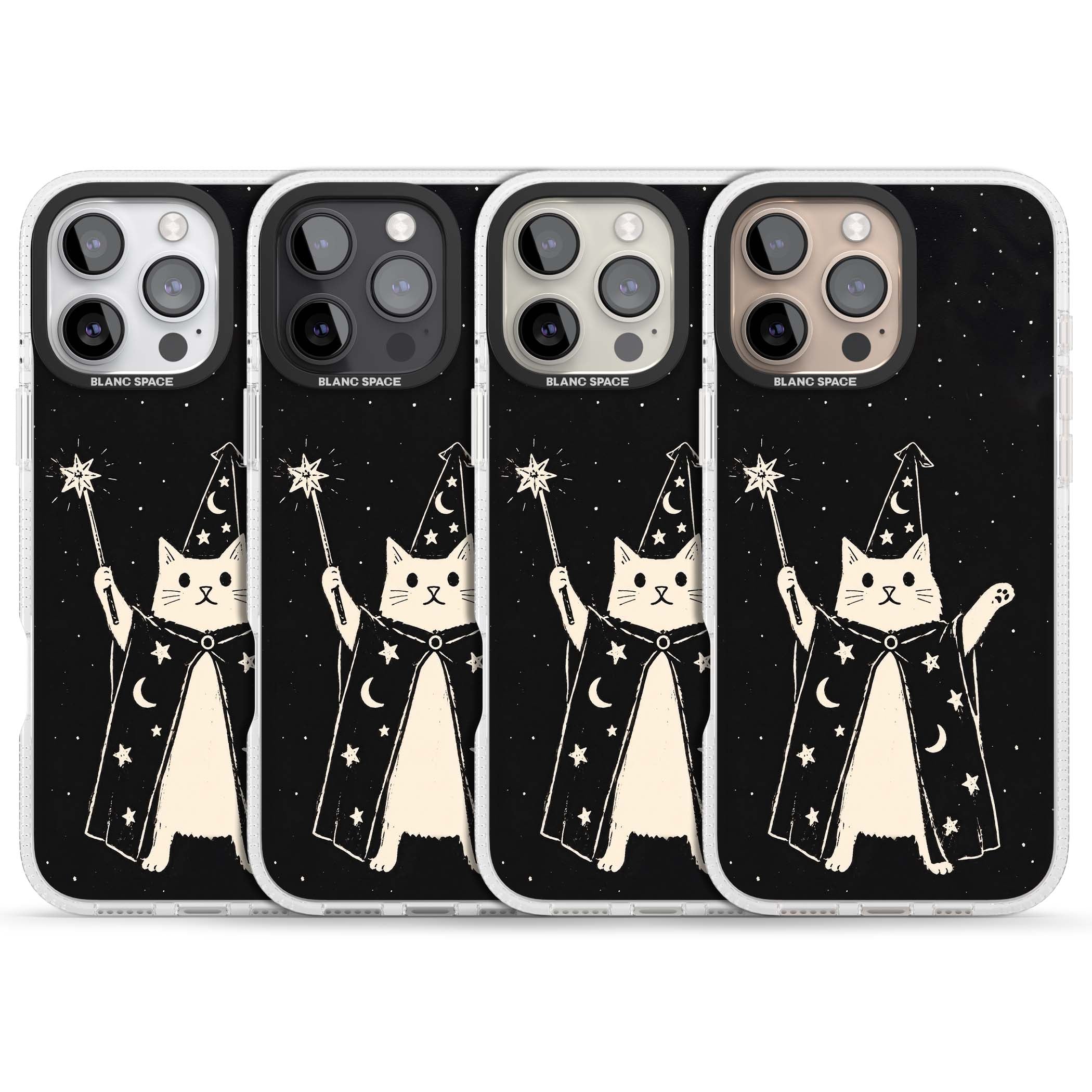 Whisker Wizard celestial cat iPhone case featuring a wizard cat with magic wand, starry night sky and crescent moons | Clear Case Impact Air case for iPhone 16 Pro, iPhone 16 Pro Max