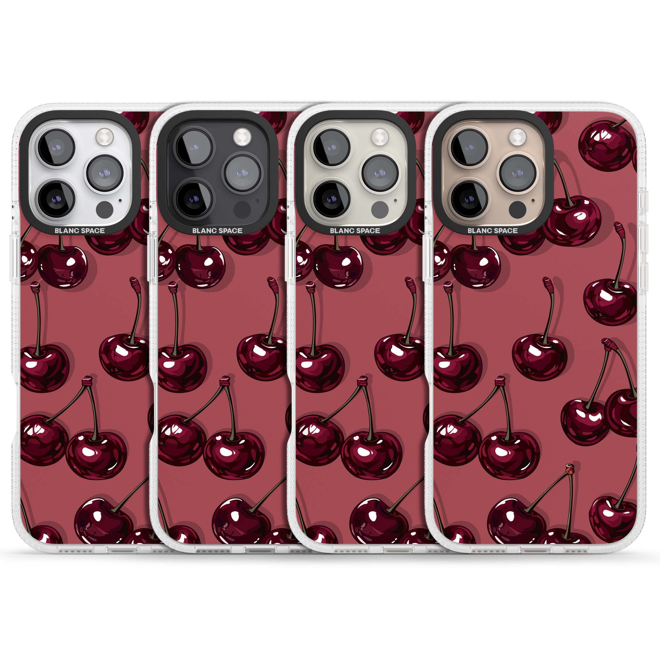 Cherry Rebel coquette iPhone case featuring glossy burgundy cherries on a dusty rose background | Clear Case Impact Air case for iPhone 16 Pro, iPhone 16 Pro Max