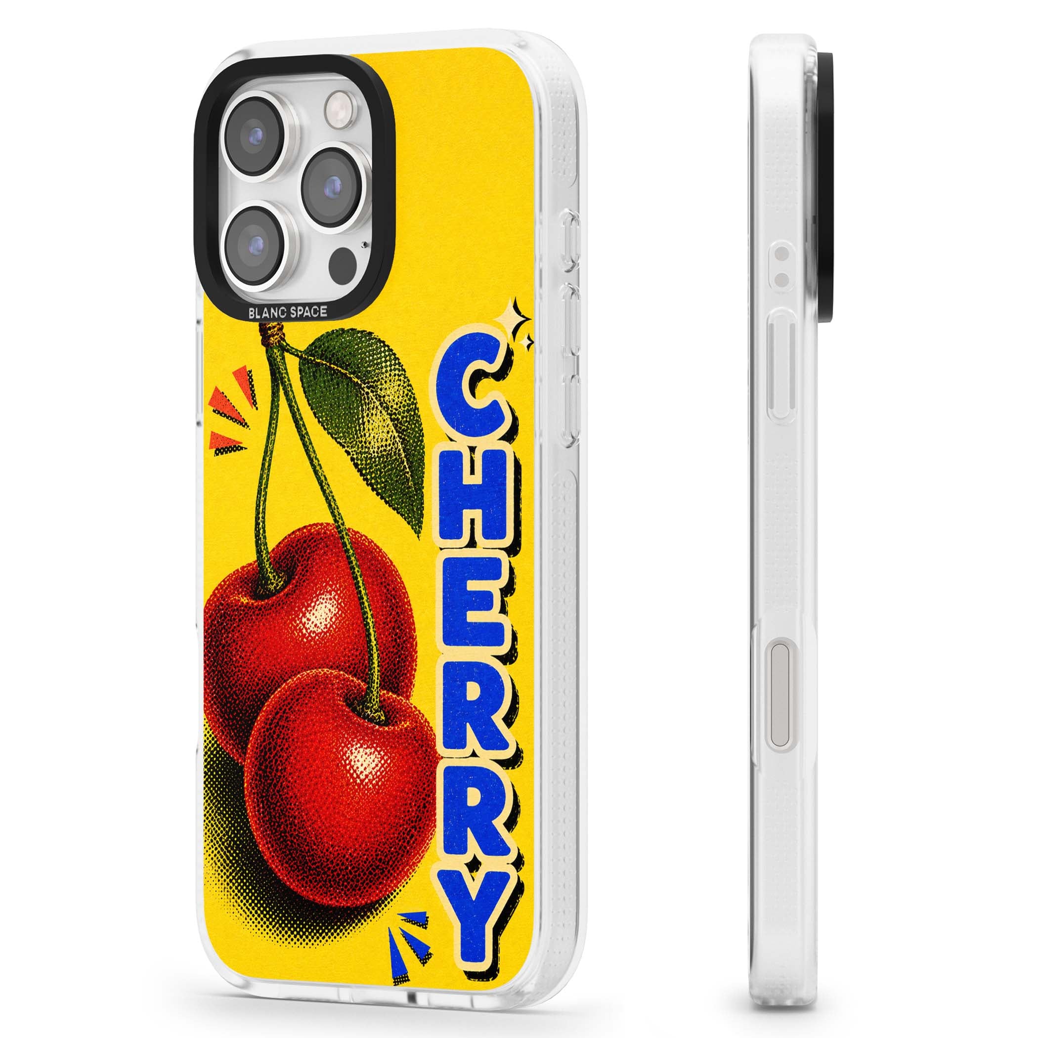 Cherry Yellow y2k iPhone case featuring two red cherries, halftone shading and bold blue CHERRY lettering on yellow | Clear Case Impact Air case for iPhone 16 Pro, iPhone 16 Pro Max