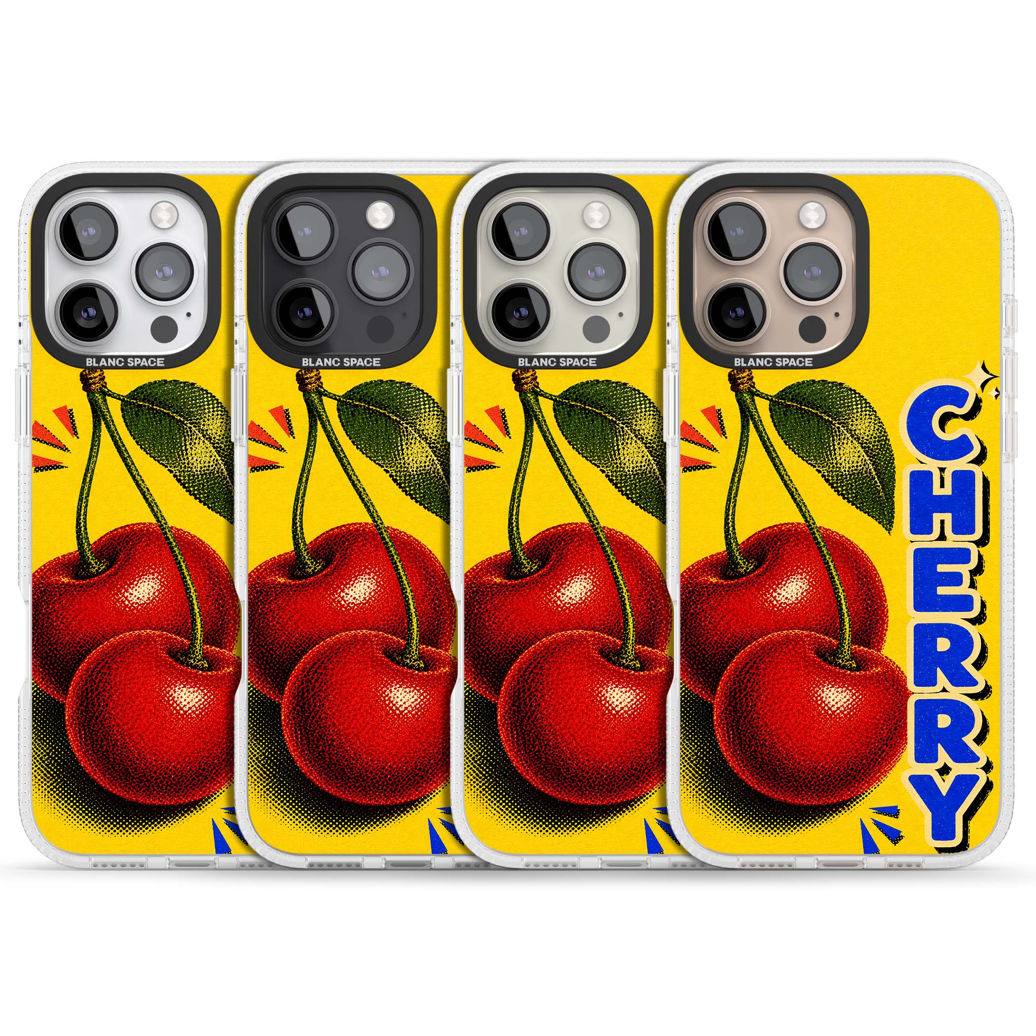 Cherry Yellow y2k iPhone case featuring two red cherries, halftone shading and bold blue CHERRY lettering on yellow | Clear Case Impact Air case for iPhone 16 Pro, iPhone 16 Pro Max
