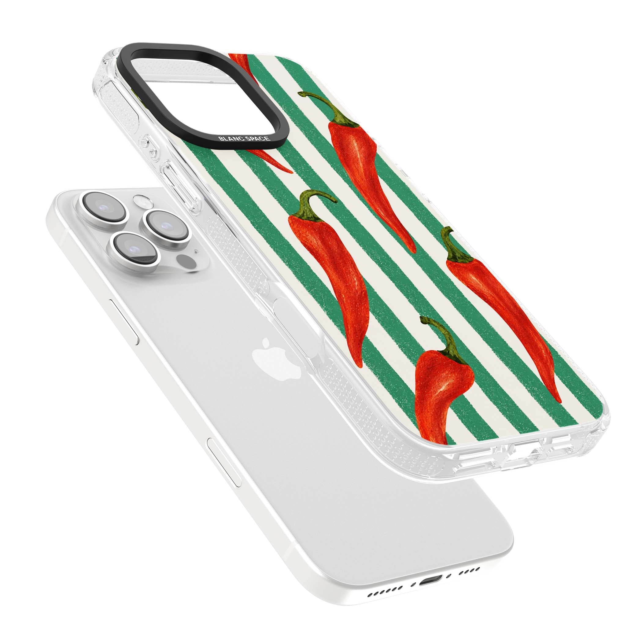 Striped Chillis coastal iPhone case featuring hand-painted red chili peppers on green and cream stripes | Clear Case Impact Air case for iPhone 16 Pro, iPhone 16 Pro Max