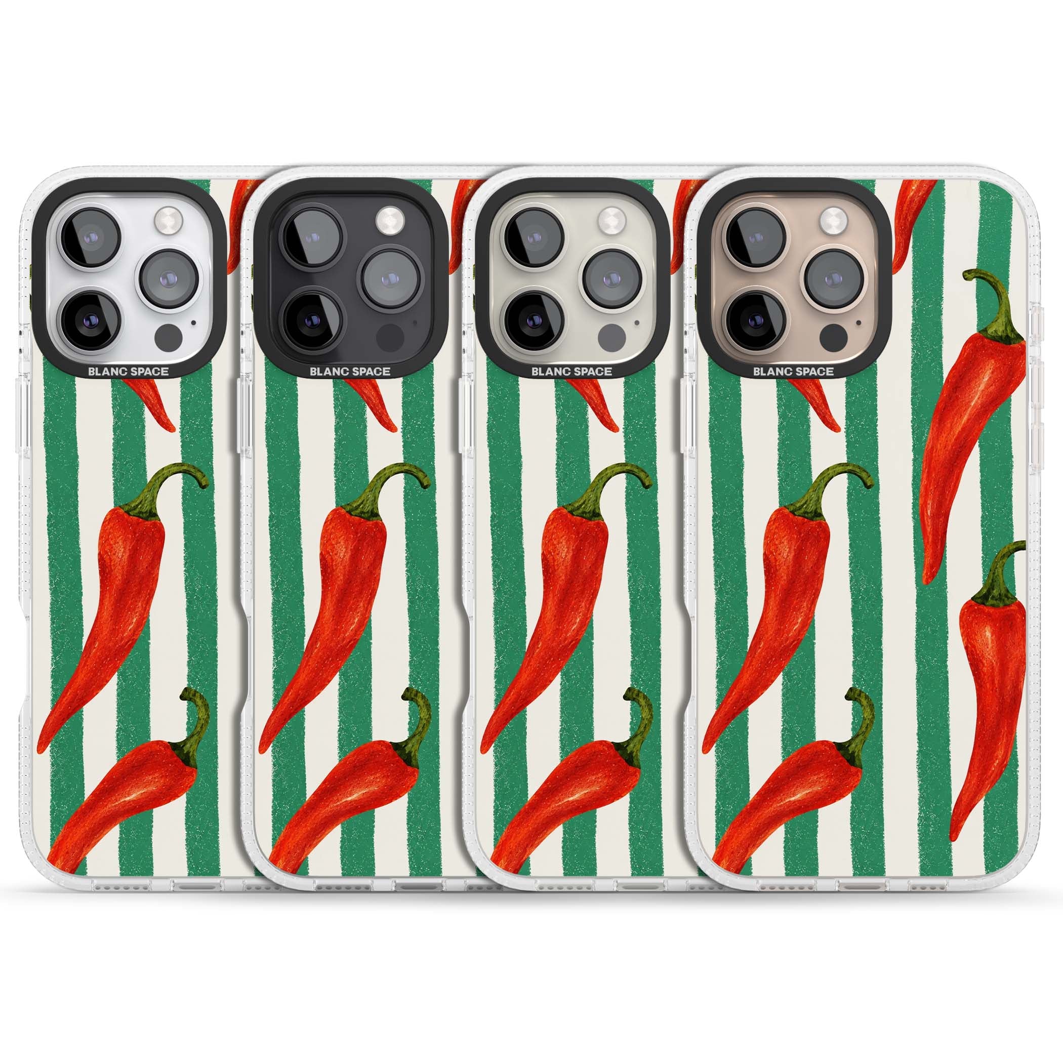 Striped Chillis coastal iPhone case featuring hand-painted red chili peppers on green and cream stripes | Clear Case Impact Air case for iPhone 16 Pro, iPhone 16 Pro Max
