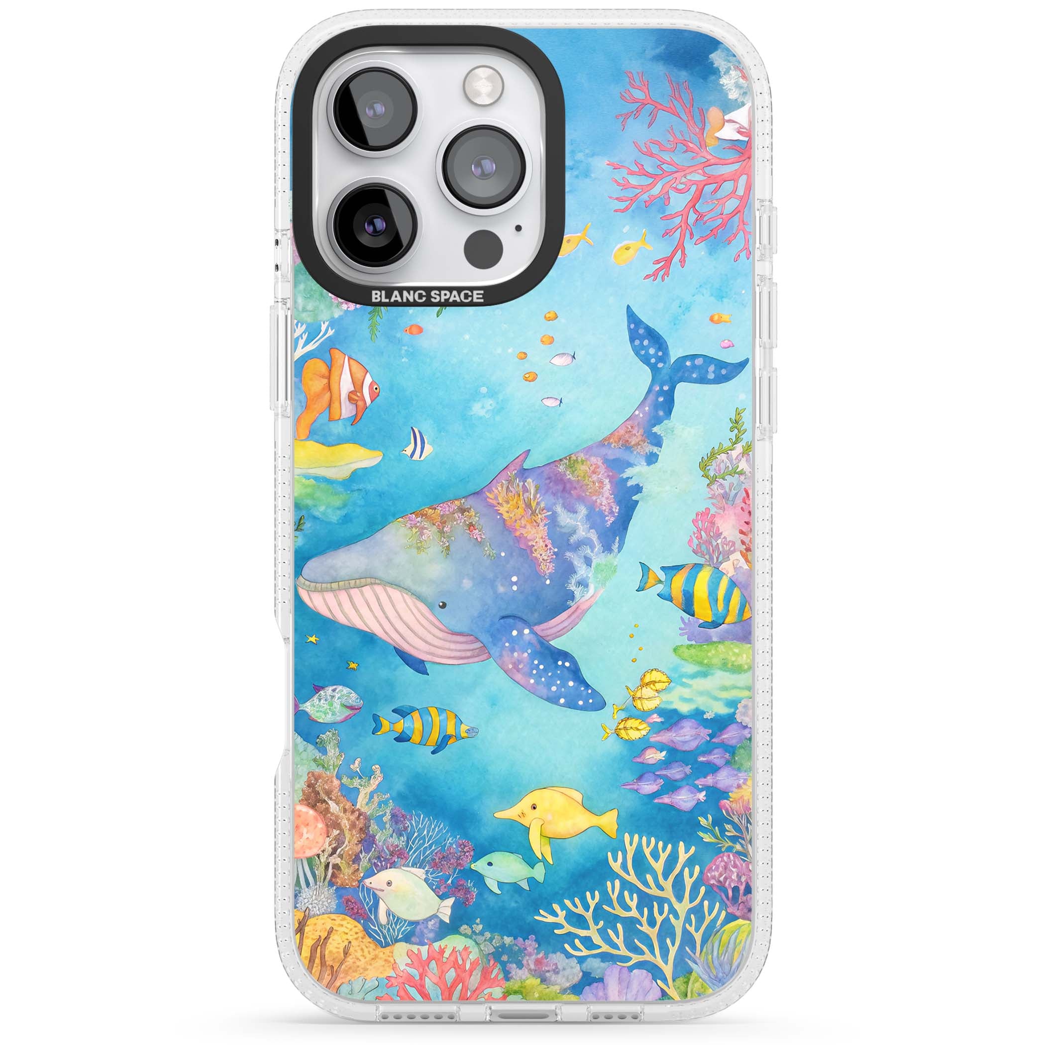Coral Lagoon ocean iPhone case featuring a watercolour whale, coral reef and tropical fish | Clear Case Impact Air case for iPhone 16 Pro, iPhone 16 Pro Max