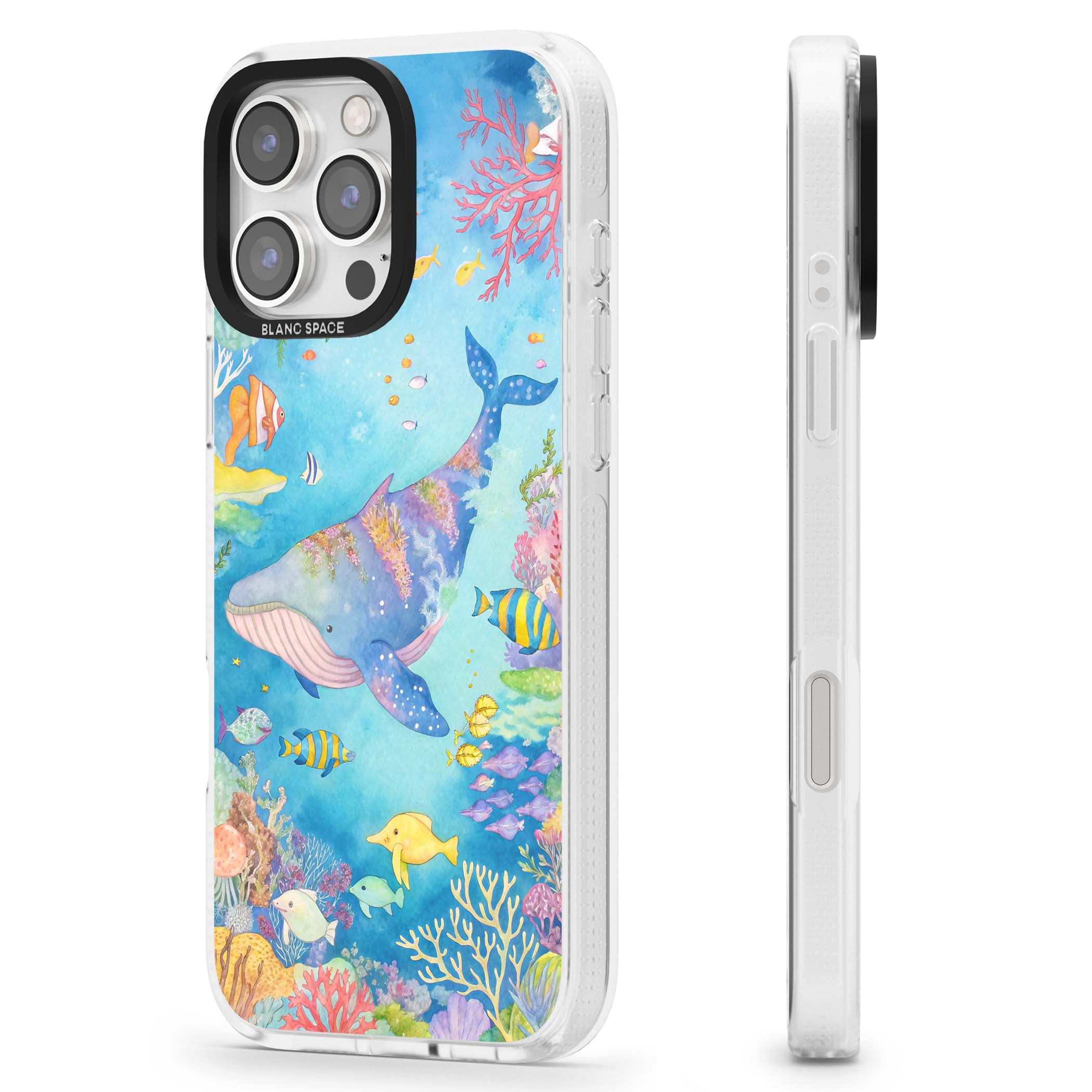 Coral Lagoon ocean iPhone case featuring a watercolour whale, coral reef and tropical fish | Clear Case Impact Air case for iPhone 16 Pro, iPhone 16 Pro Max