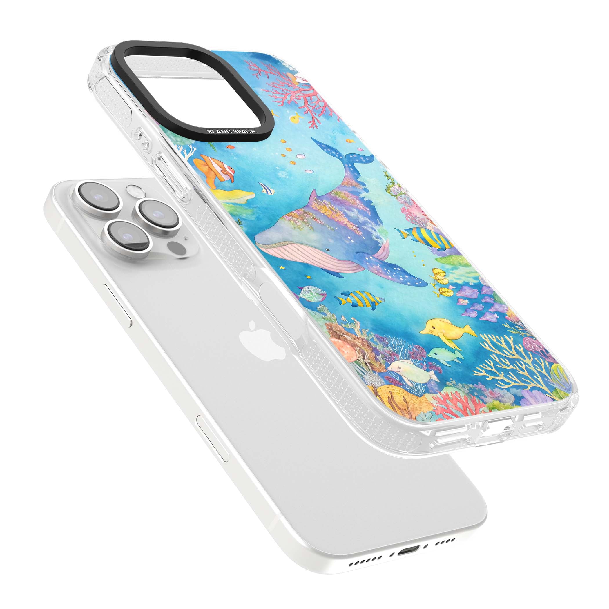 Coral Lagoon ocean iPhone case featuring a watercolour whale, coral reef and tropical fish | Clear Case Impact Air case for iPhone 16 Pro, iPhone 16 Pro Max