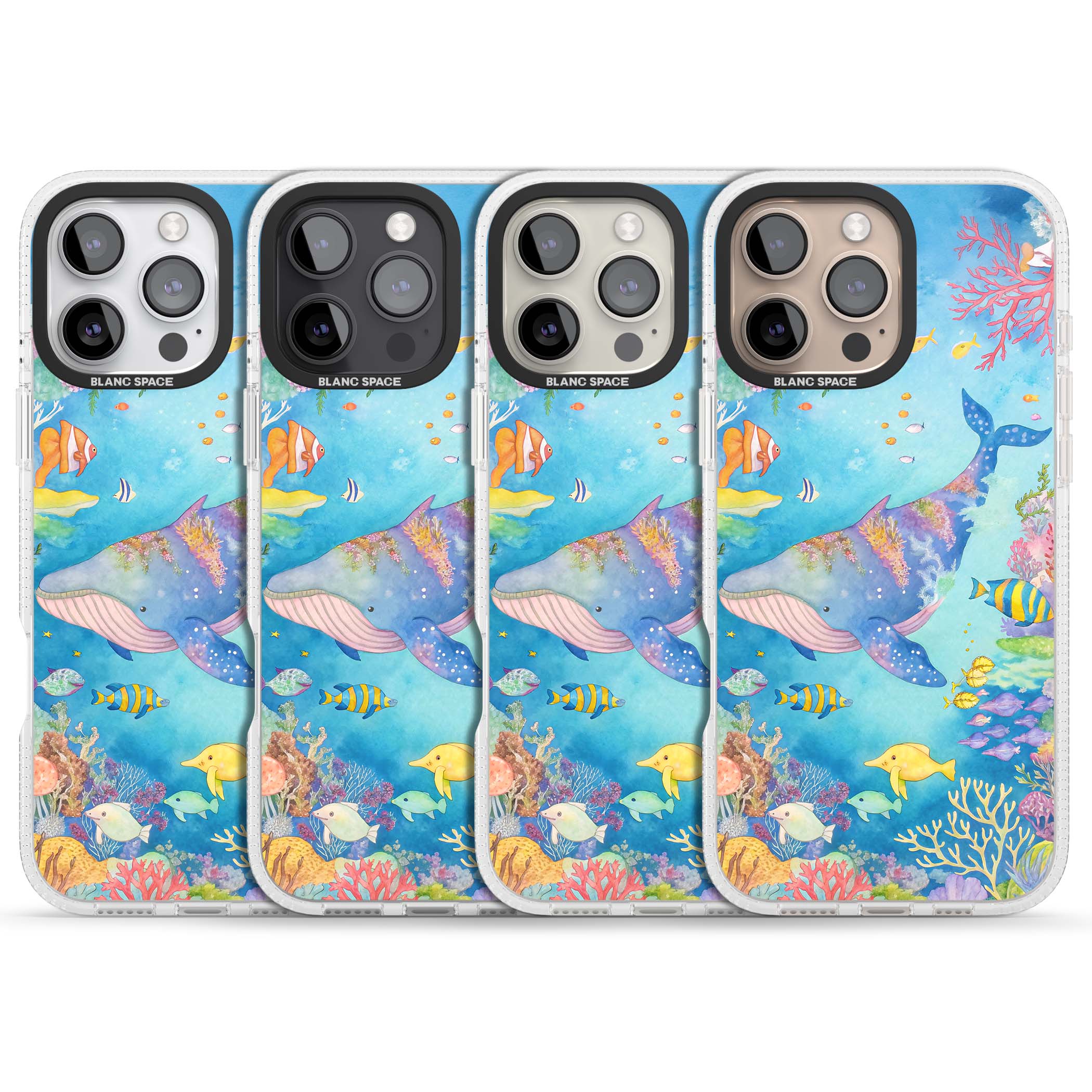 Coral Lagoon ocean iPhone case featuring a watercolour whale, coral reef and tropical fish | Clear Case Impact Air case for iPhone 16 Pro, iPhone 16 Pro Max