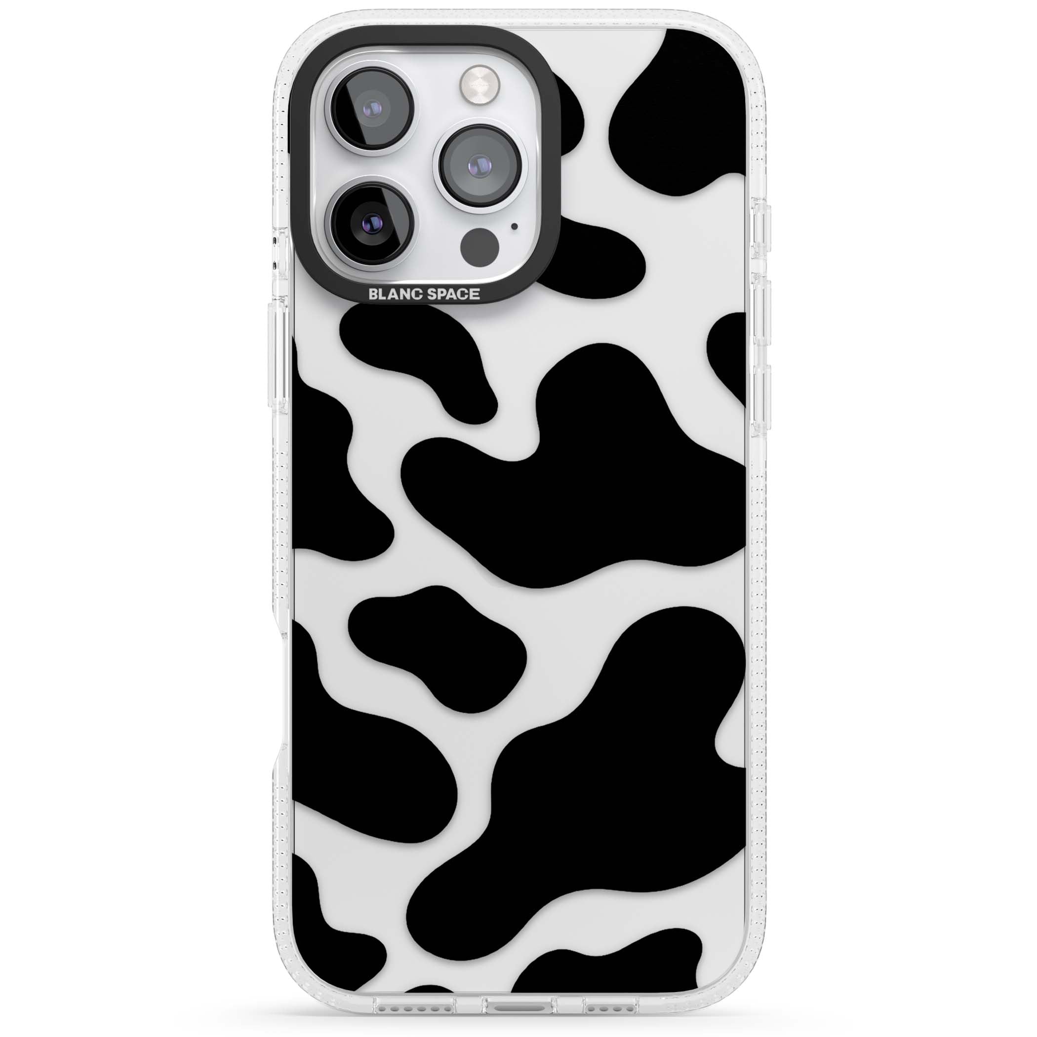 Clear Cow Print cow print iPhone case featuring black and white cow pattern splotches on a clear background | Clear Case Impact Air case for iPhone 16 Pro, iPhone 16 Pro Max