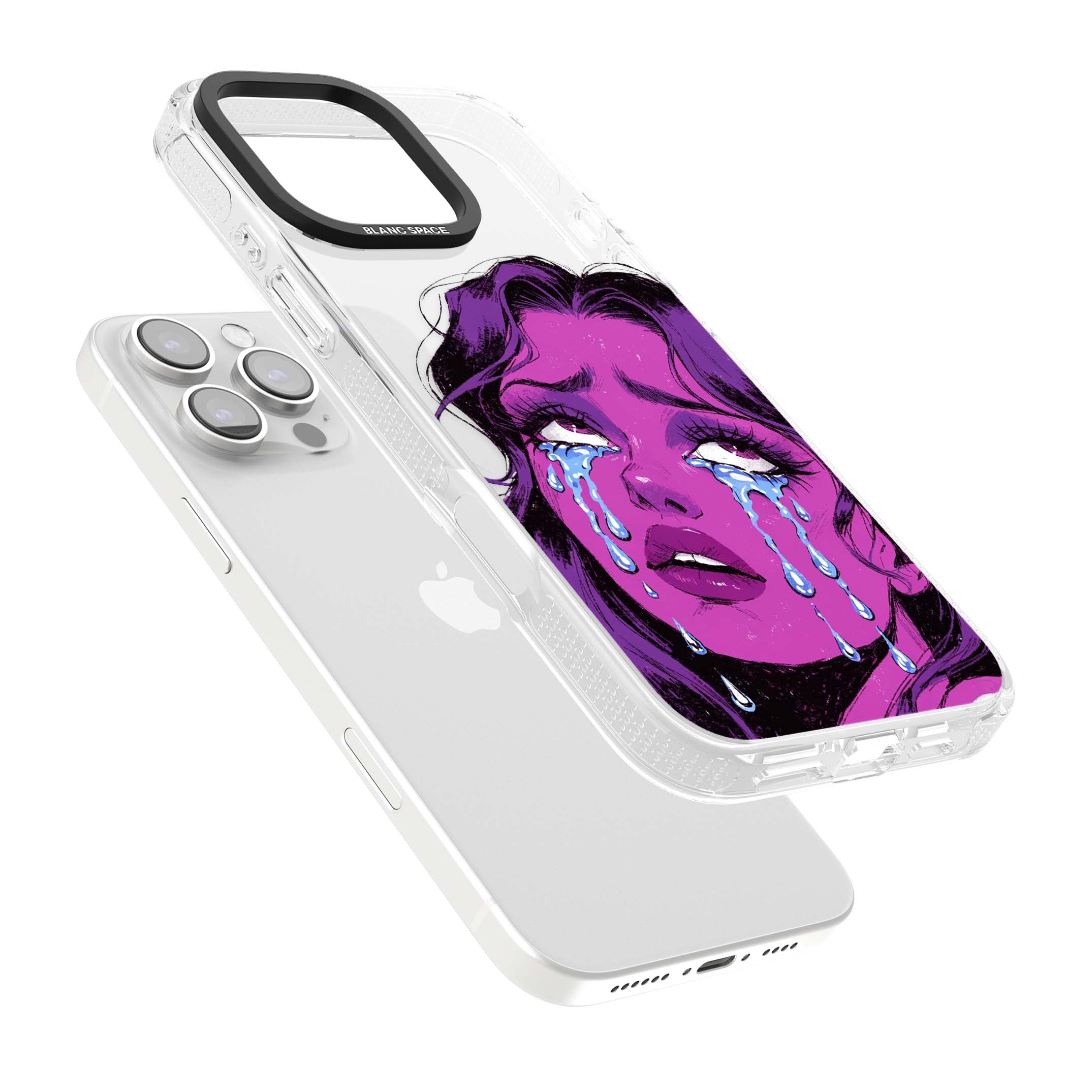 Drama Queen pop art iPhone case featuring a purple crying comic girl with blue tears | Clear Case Impact Air case for iPhone 16 Pro, iPhone 16 Pro Max