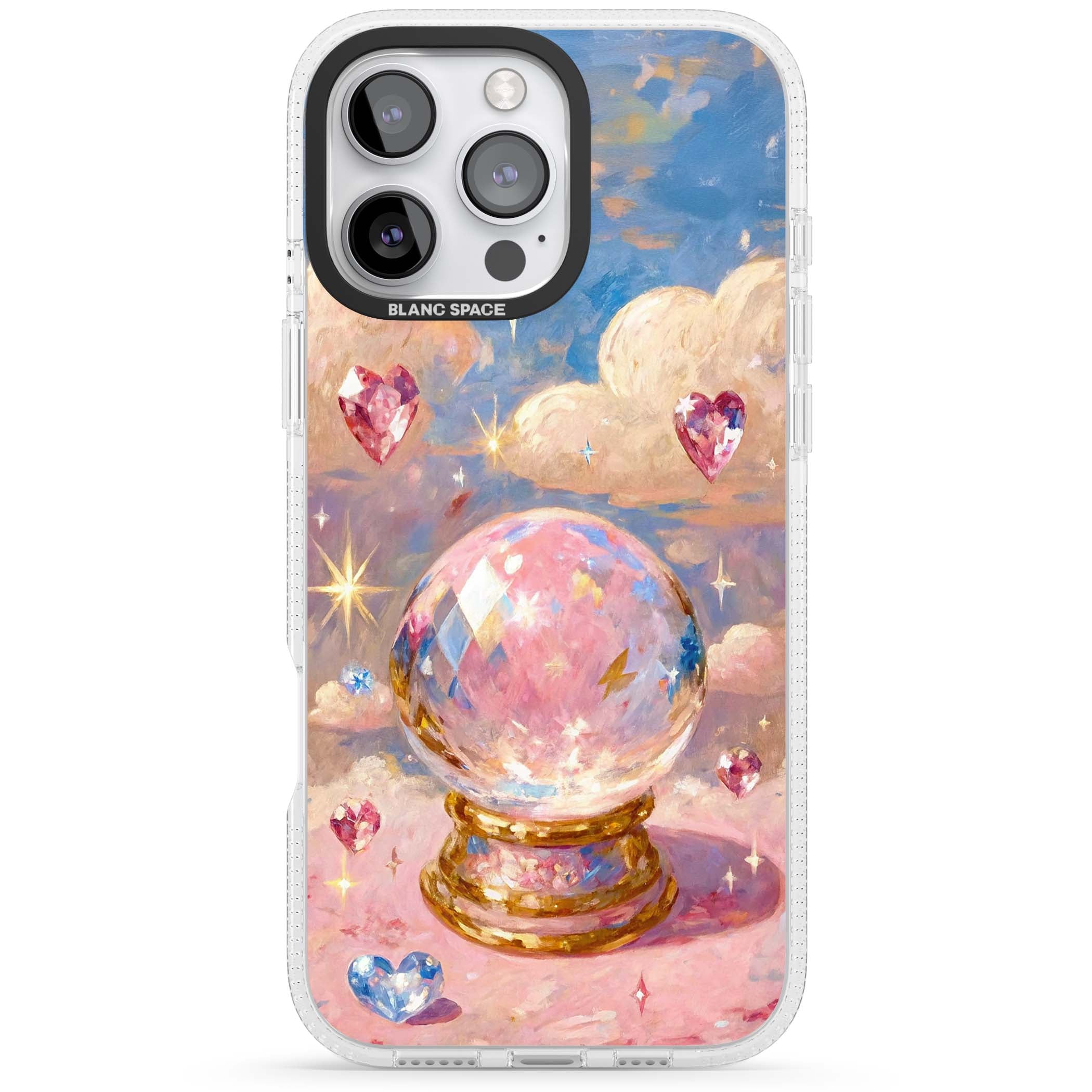 Crystal Ball fairycore iPhone case featuring a painted crystal ball, heart gemstones, and pastel clouds | Clear Case Impact Air case for iPhone 16 Pro, iPhone 16 Pro Max