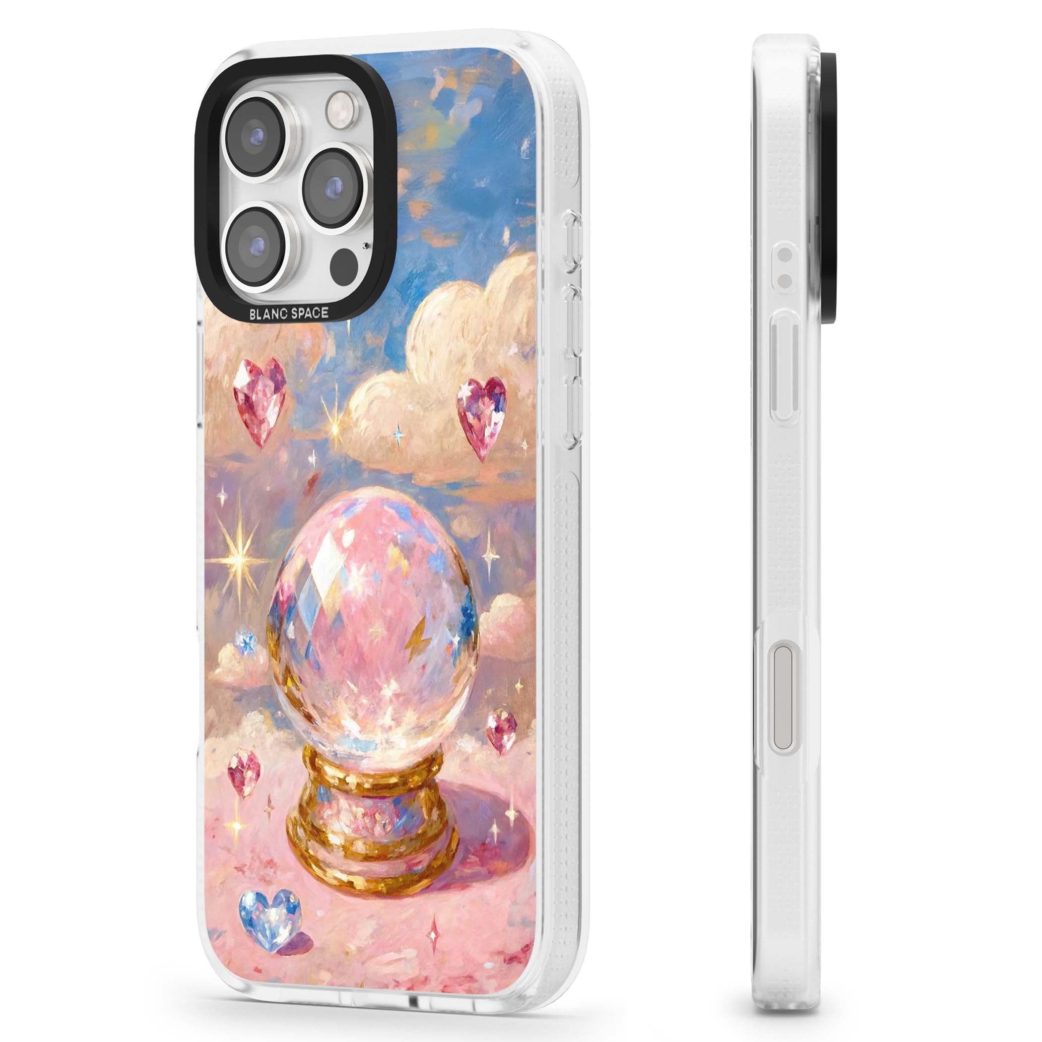 Crystal Ball fairycore iPhone case featuring a painted crystal ball, heart gemstones, and pastel clouds | Clear Case Impact Air case for iPhone 16 Pro, iPhone 16 Pro Max