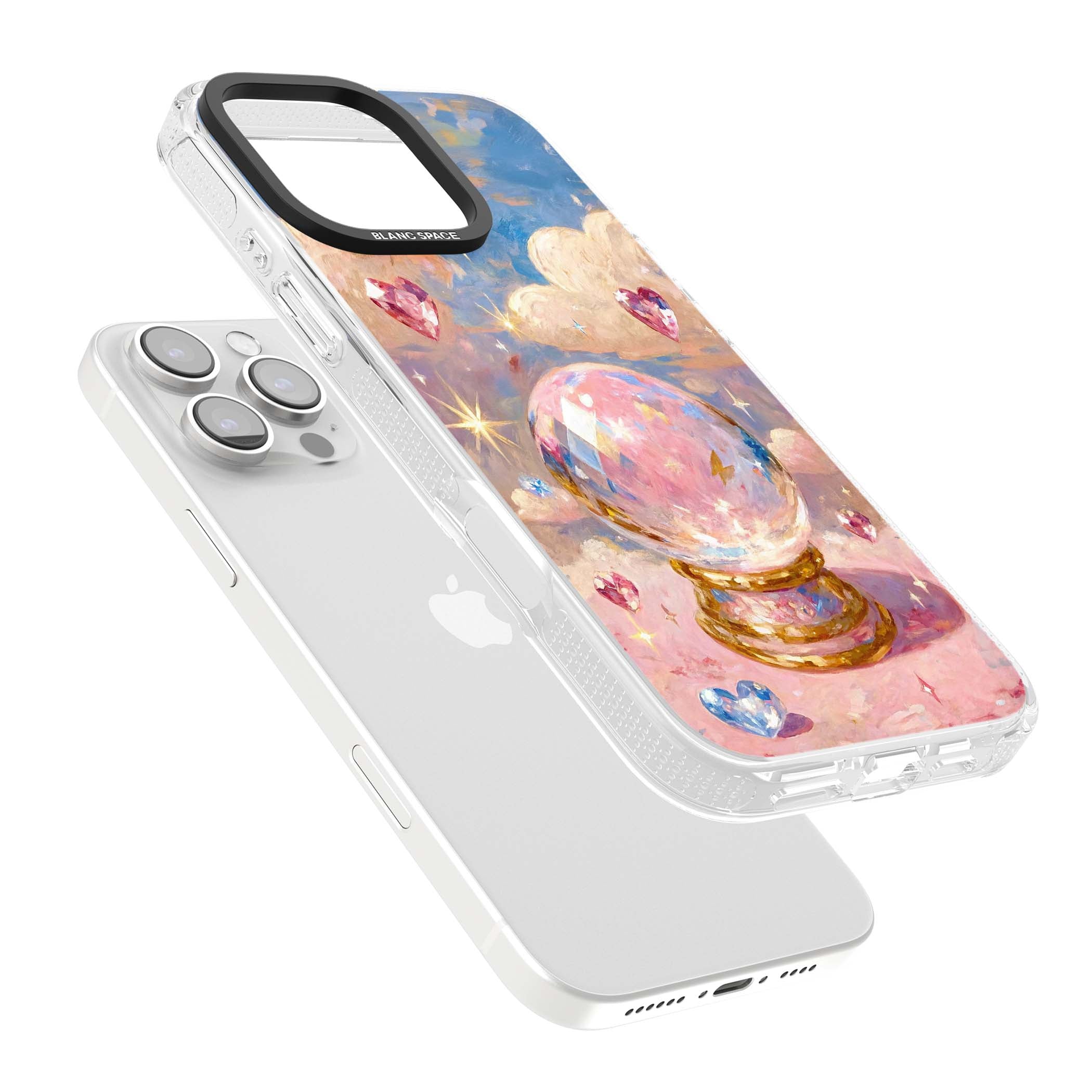 Crystal Ball fairycore iPhone case featuring a painted crystal ball, heart gemstones, and pastel clouds | Clear Case Impact Air case for iPhone 16 Pro, iPhone 16 Pro Max