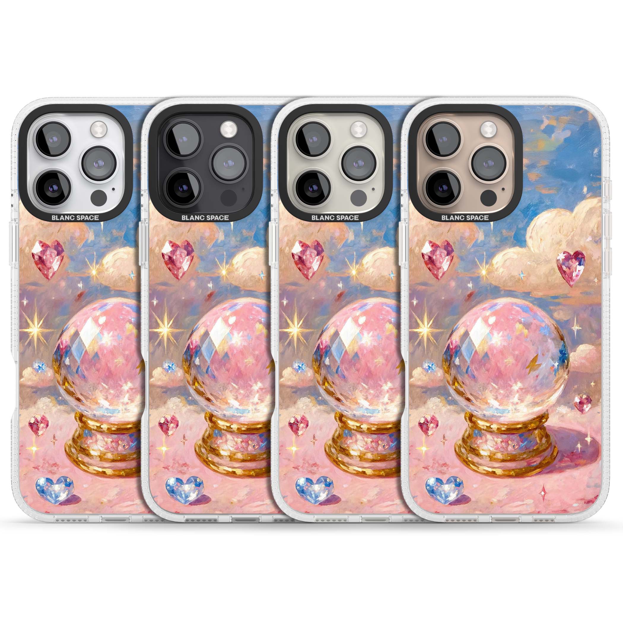 Crystal Ball fairycore iPhone case featuring a painted crystal ball, heart gemstones, and pastel clouds | Clear Case Impact Air case for iPhone 16 Pro, iPhone 16 Pro Max