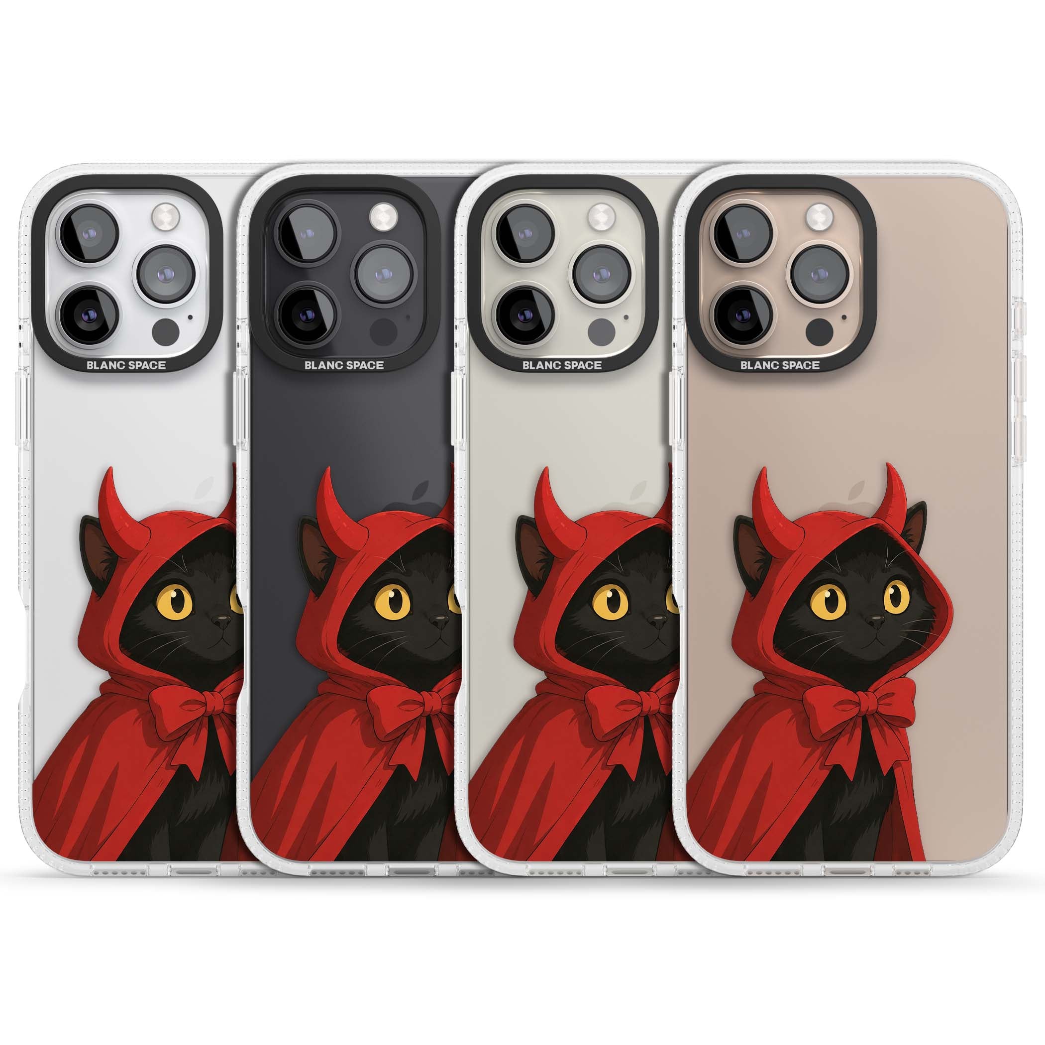 Little Devil halloween iPhone case featuring a black cat in a red hooded devil cloak with horns and golden eyes | Clear Case Impact Air case for iPhone 16 Pro, iPhone 16 Pro Max