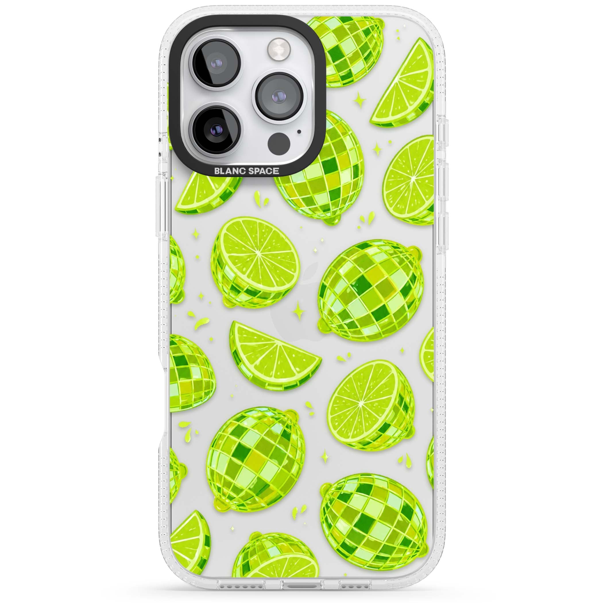 Disco Limes fruit aesthetic iPhone case featuring green disco balls, lime slices and citrus sparkles | Clear Case Impact Air case for iPhone 16 Pro, iPhone 16 Pro Max