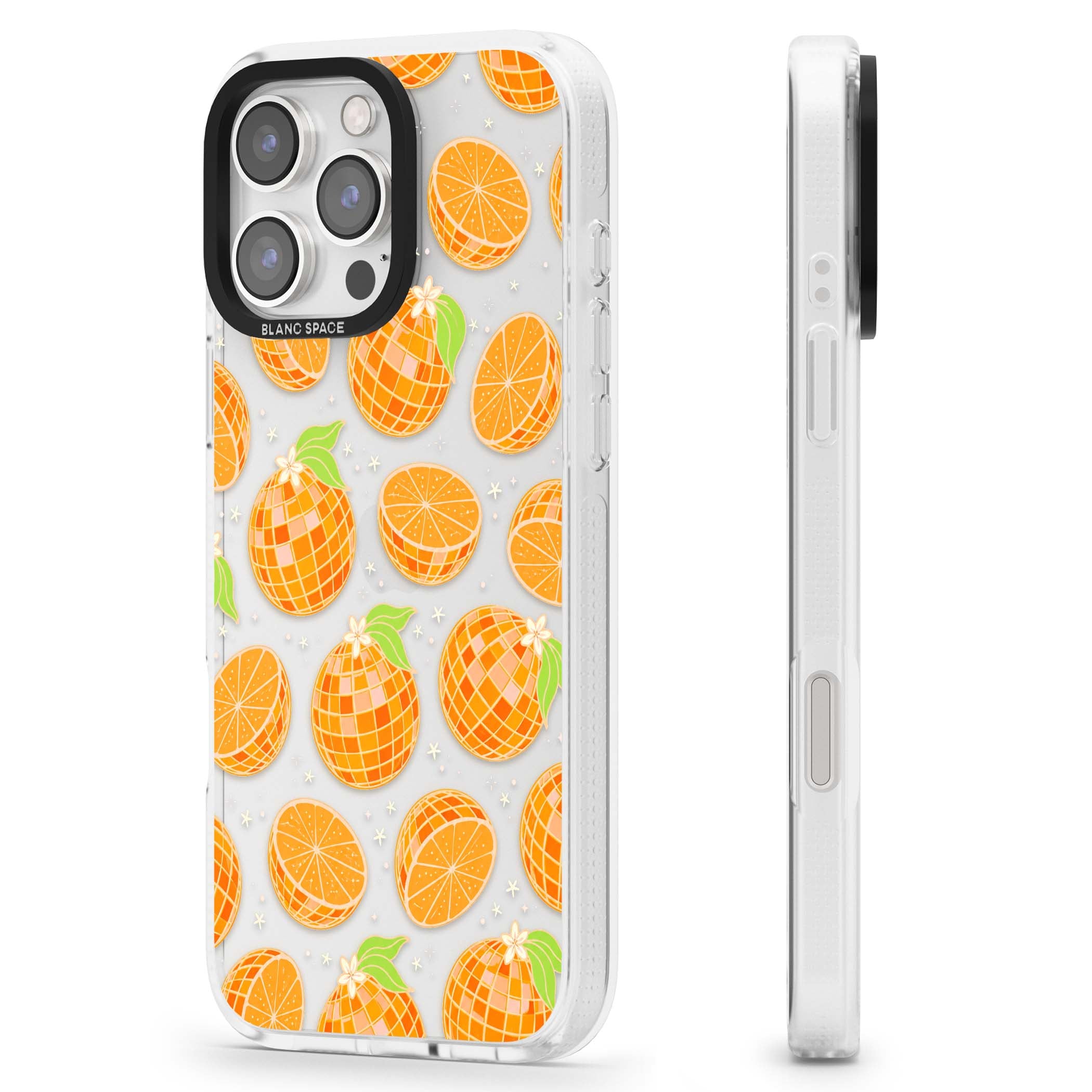 Disco Oranges retro iPhone case featuring mirrorball oranges, citrus slices and tiny blossoms on clear | Clear Case Impact Air case for iPhone 16 Pro, iPhone 16 Pro Max