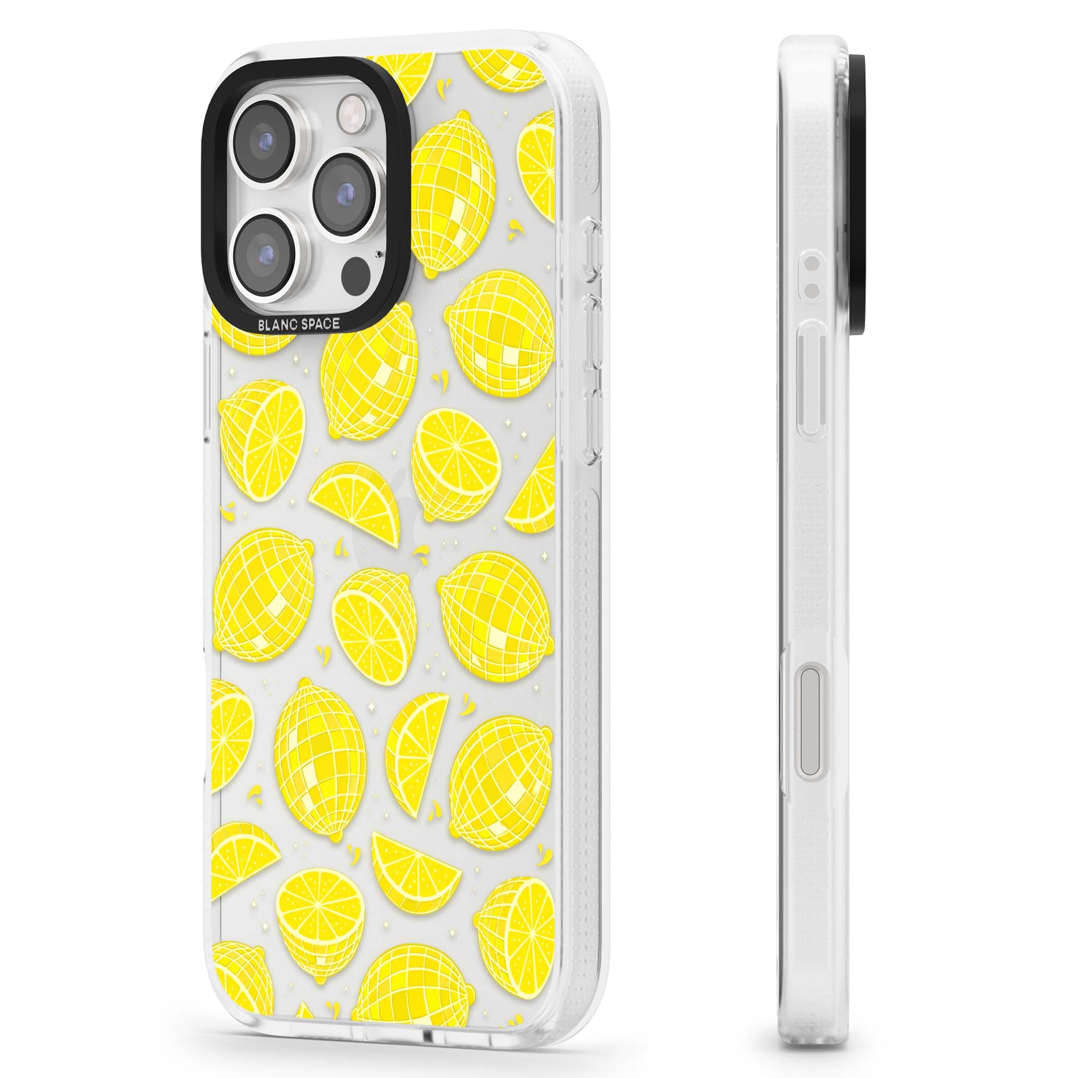 Disco Lemons citrus iPhone case featuring mirrorball lemons, sliced fruit and sparkle accents | Clear Case Impact Air case for iPhone 16 Pro, iPhone 16 Pro Max