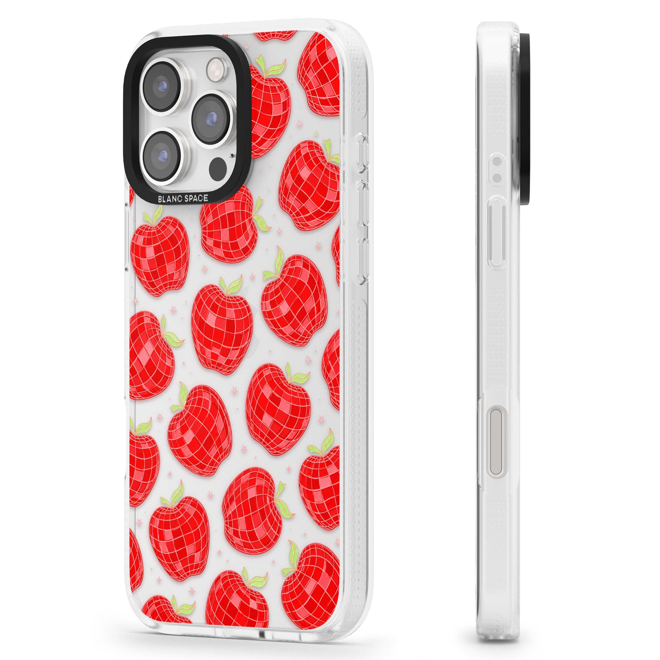 Disco Apples Y2K iPhone case featuring red disco ball apples, green leaves and pink sparkles on clear | Clear Case Impact Air case for iPhone 16 Pro, iPhone 16 Pro Max