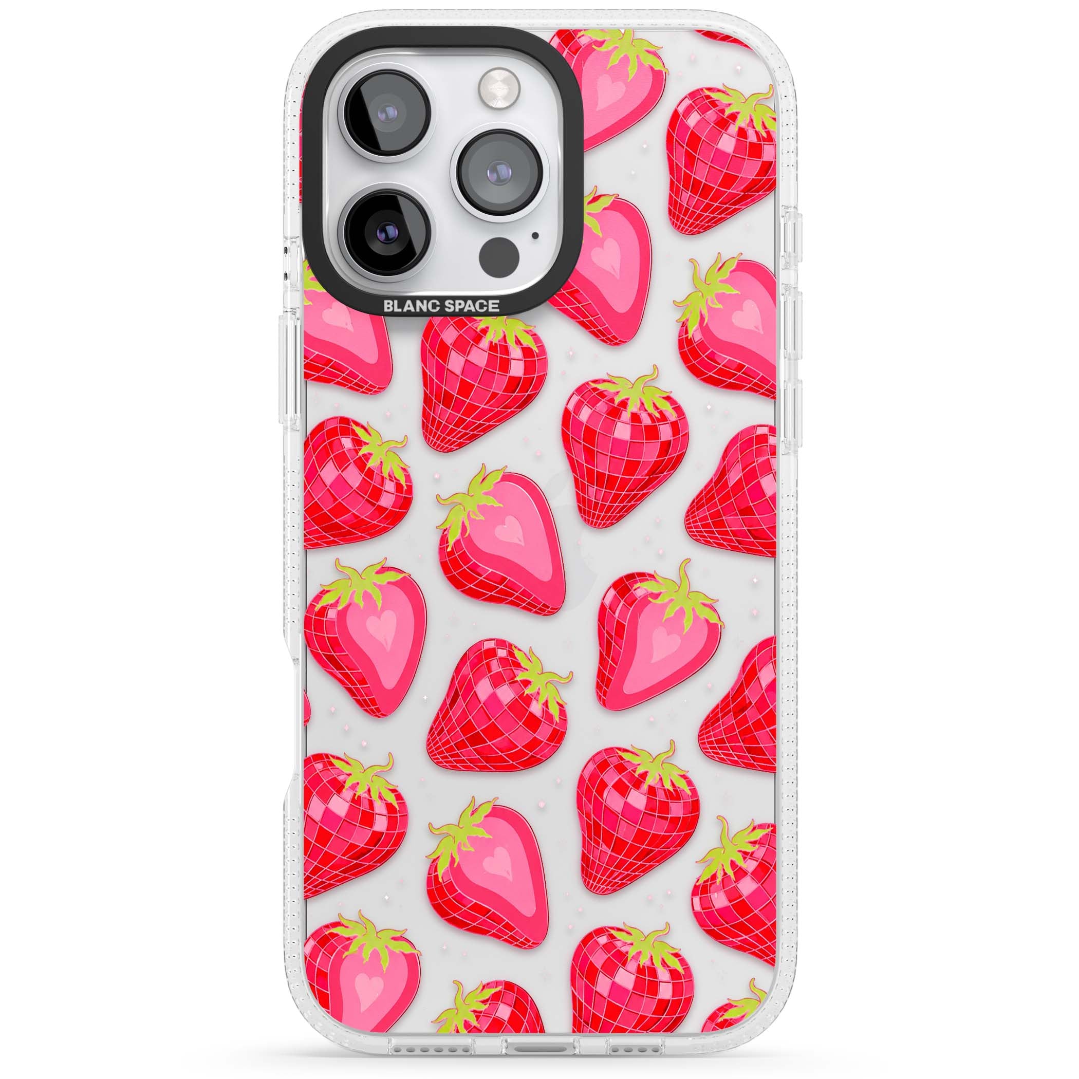 Disco Strawberry Y2K iPhone case featuring pink disco-ball strawberries, green leaves and tiny sparkles | Clear Case Impact Air case for iPhone 16 Pro, iPhone 16 Pro Max