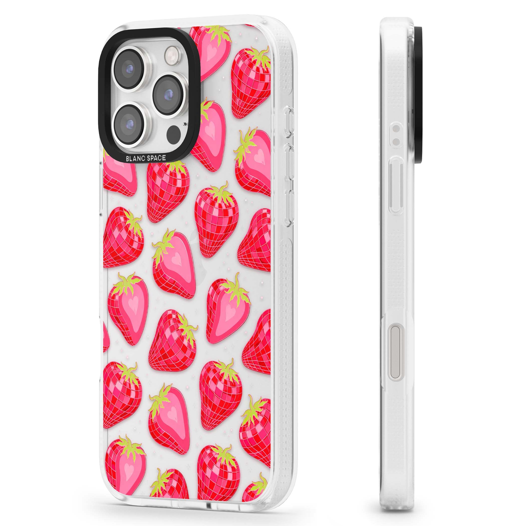 Disco Strawberry Y2K iPhone case featuring pink disco-ball strawberries, green leaves and tiny sparkles | Clear Case Impact Air case for iPhone 16 Pro, iPhone 16 Pro Max