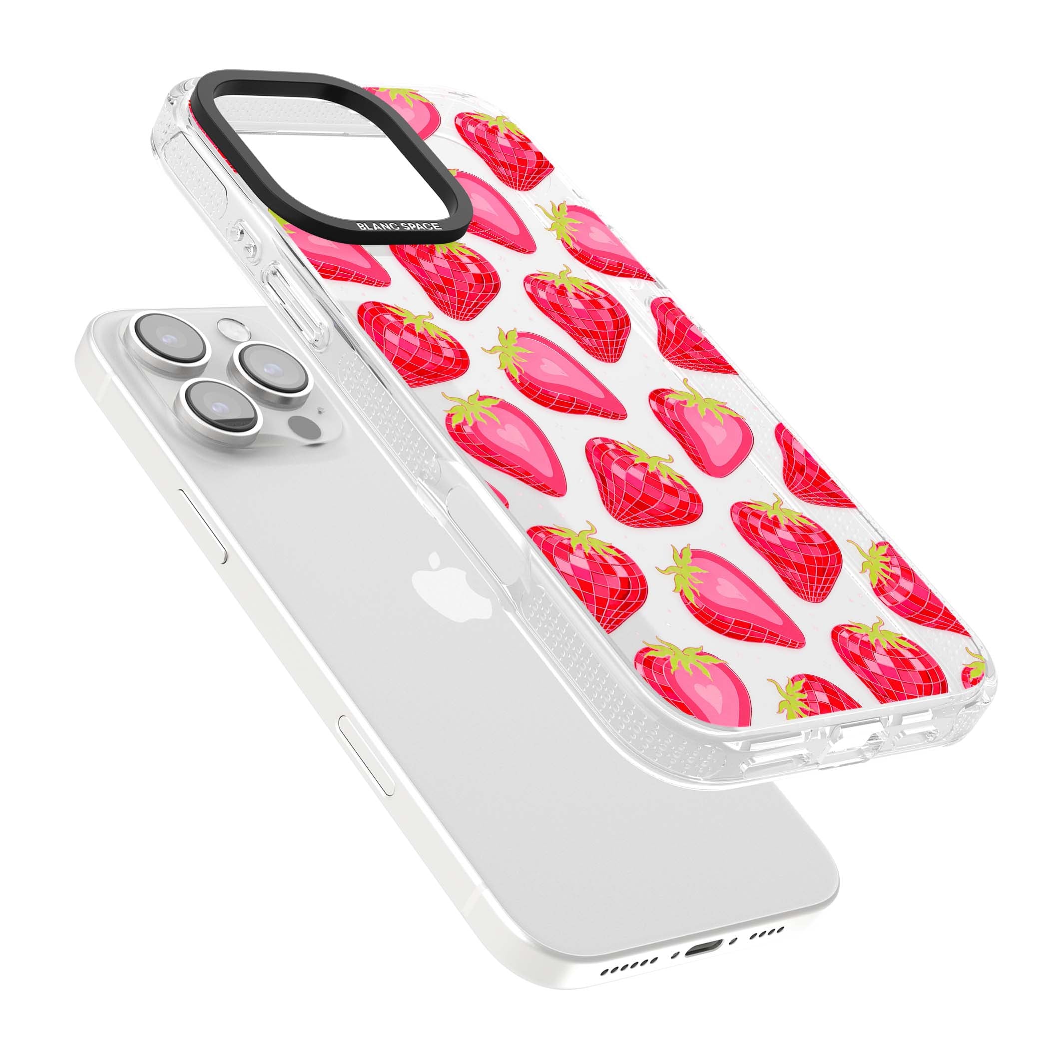 Disco Strawberry Y2K iPhone case featuring pink disco-ball strawberries, green leaves and tiny sparkles | Clear Case Impact Air case for iPhone 16 Pro, iPhone 16 Pro Max