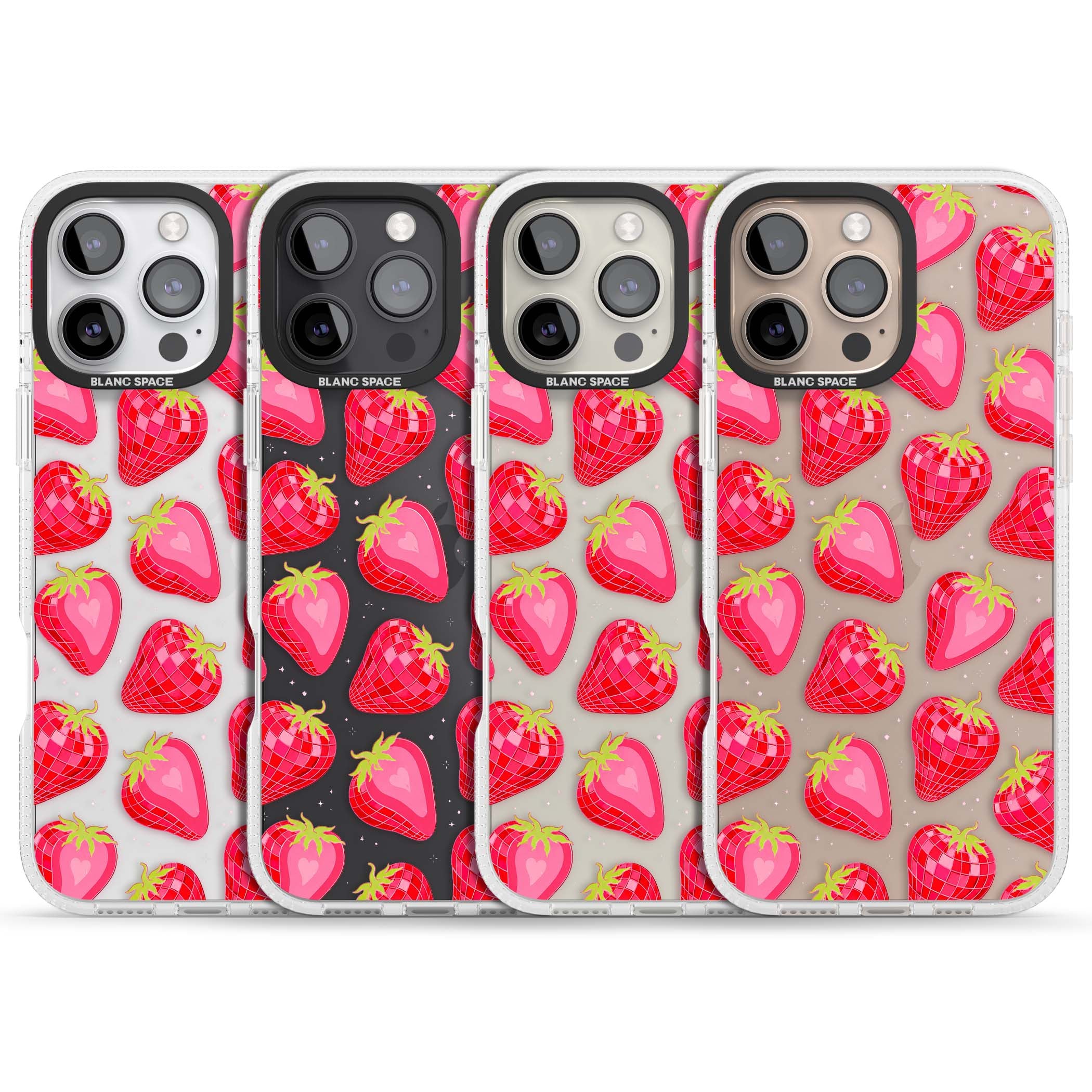 Disco Strawberry Y2K iPhone case featuring pink disco-ball strawberries, green leaves and tiny sparkles | Clear Case Impact Air case for iPhone 16 Pro, iPhone 16 Pro Max