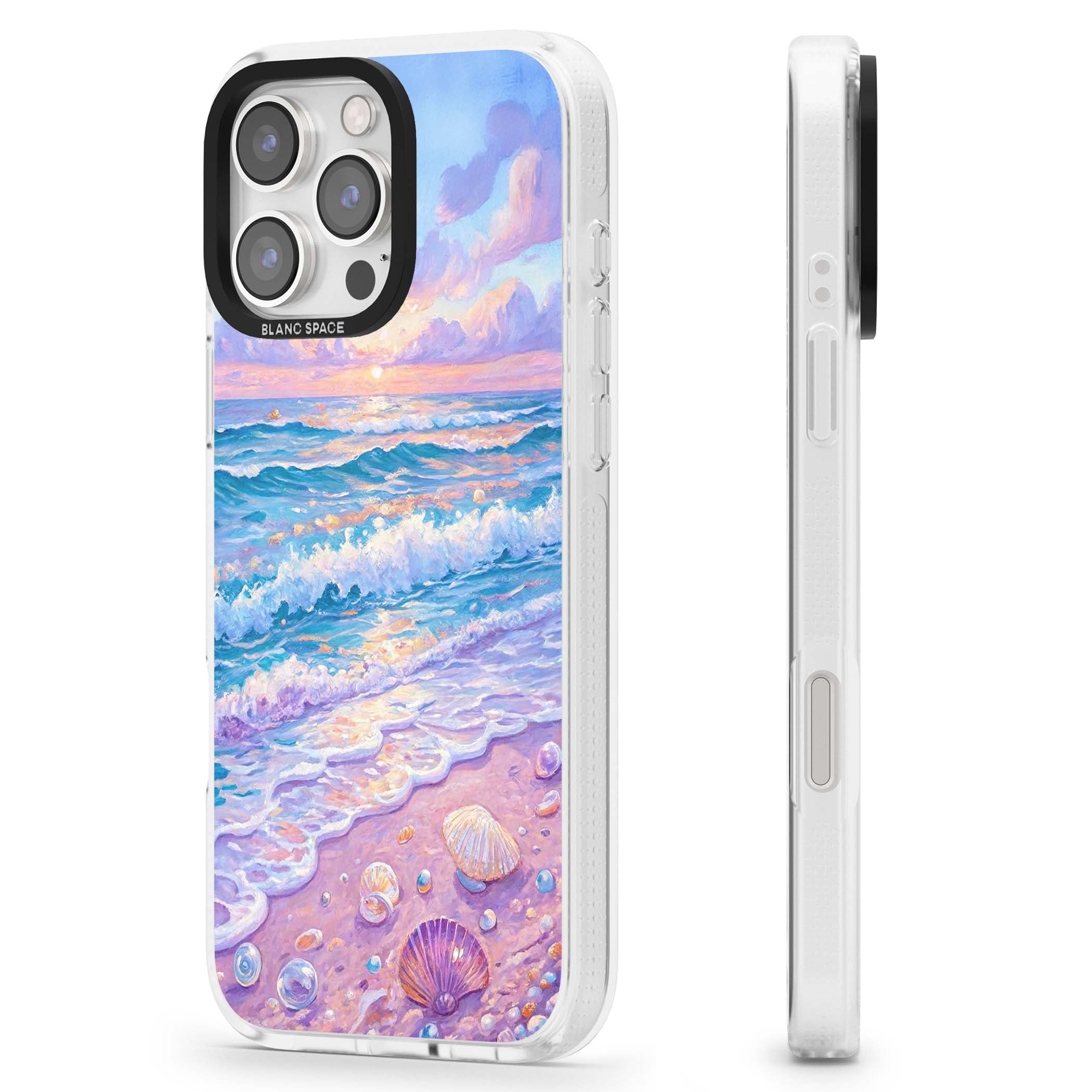Pearl Shore coastal iPhone case featuring pastel painted waves, seashells, and a sunrise sky over a lavender beach. | Clear Case Impact Air case for iPhone 16 Pro, iPhone 16 Pro Max