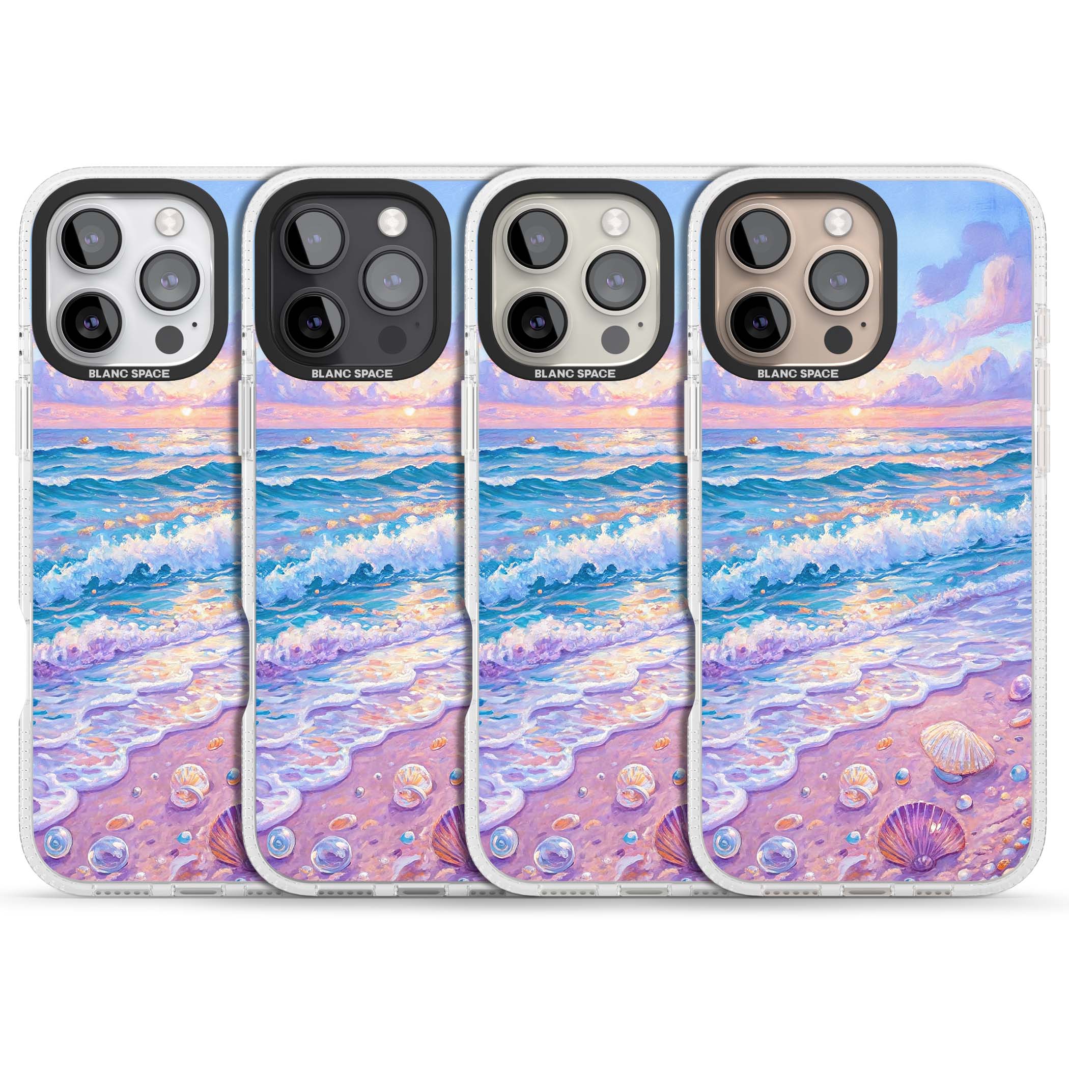 Pearl Shore coastal iPhone case featuring pastel painted waves, seashells, and a sunrise sky over a lavender beach. | Clear Case Impact Air case for iPhone 16 Pro, iPhone 16 Pro Max