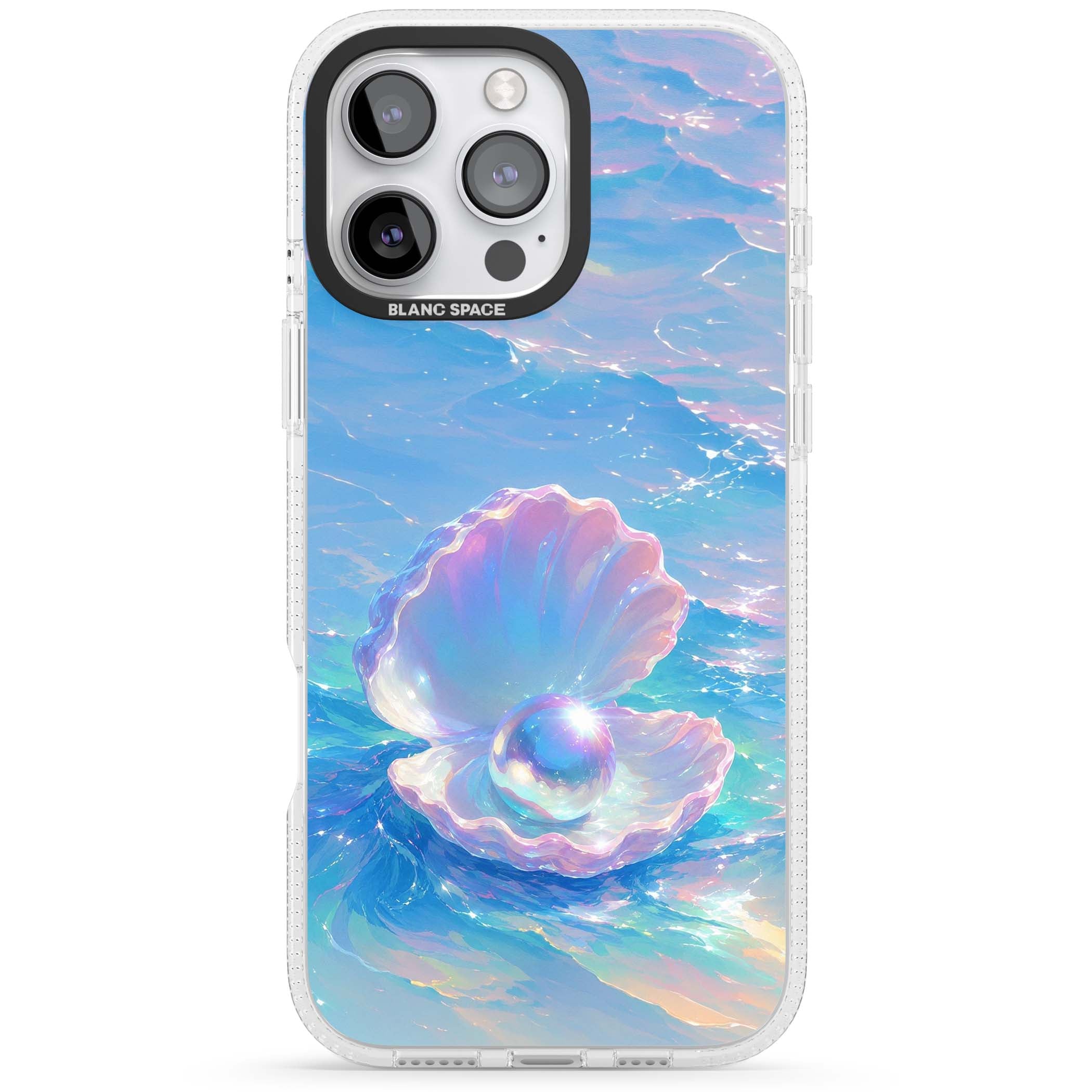 The Pearl Clam mermaidcore iPhone case featuring iridescent seashell, glowing pearl and pastel ocean waves | Clear Case Impact Air case for iPhone 16 Pro, iPhone 16 Pro Max