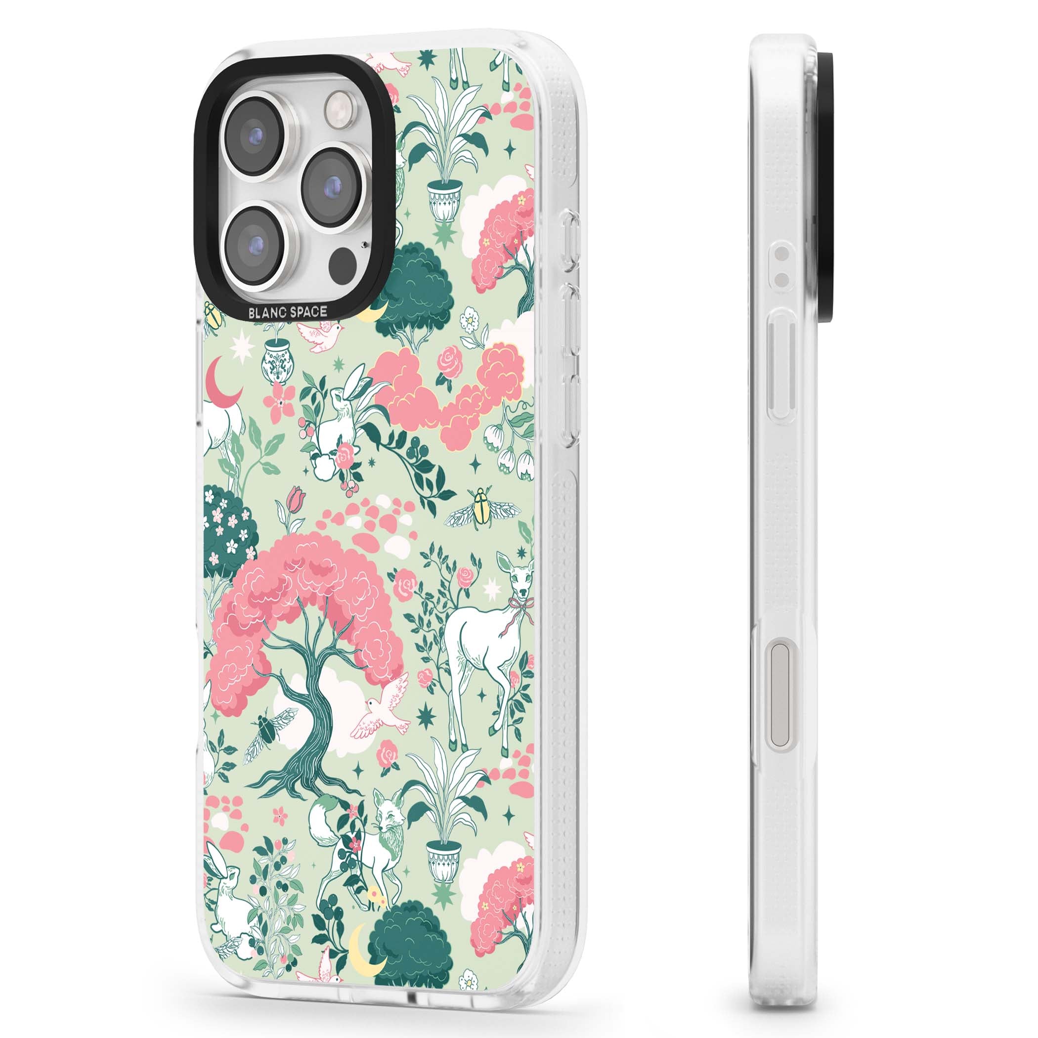 Enchanted Woodland cottagecore iPhone case featuring white deer, pink roses, mushrooms and woodland animals on sage green | Clear Case Impact Air case for iPhone 16 Pro, iPhone 16 Pro Max