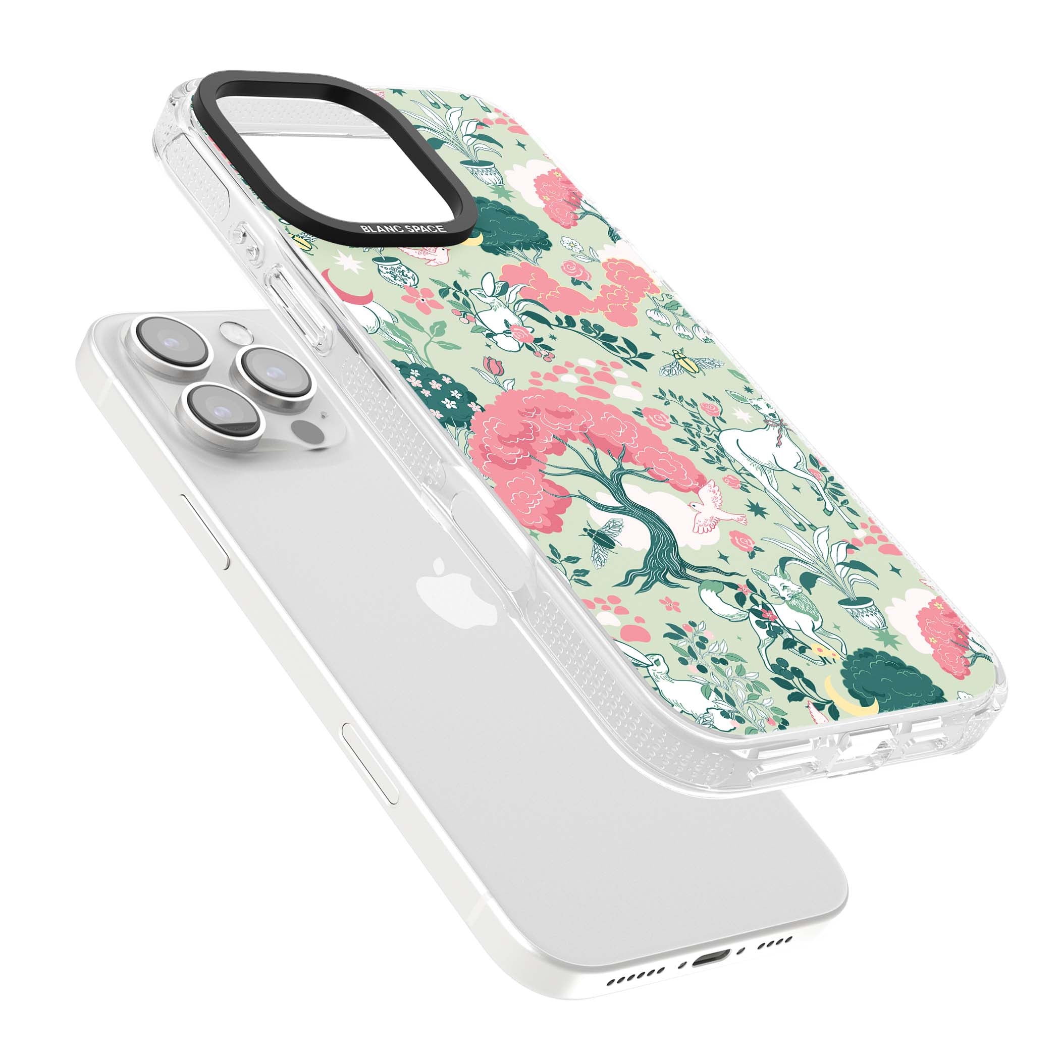 Enchanted Woodland cottagecore iPhone case featuring white deer, pink roses, mushrooms and woodland animals on sage green | Clear Case Impact Air case for iPhone 16 Pro, iPhone 16 Pro Max