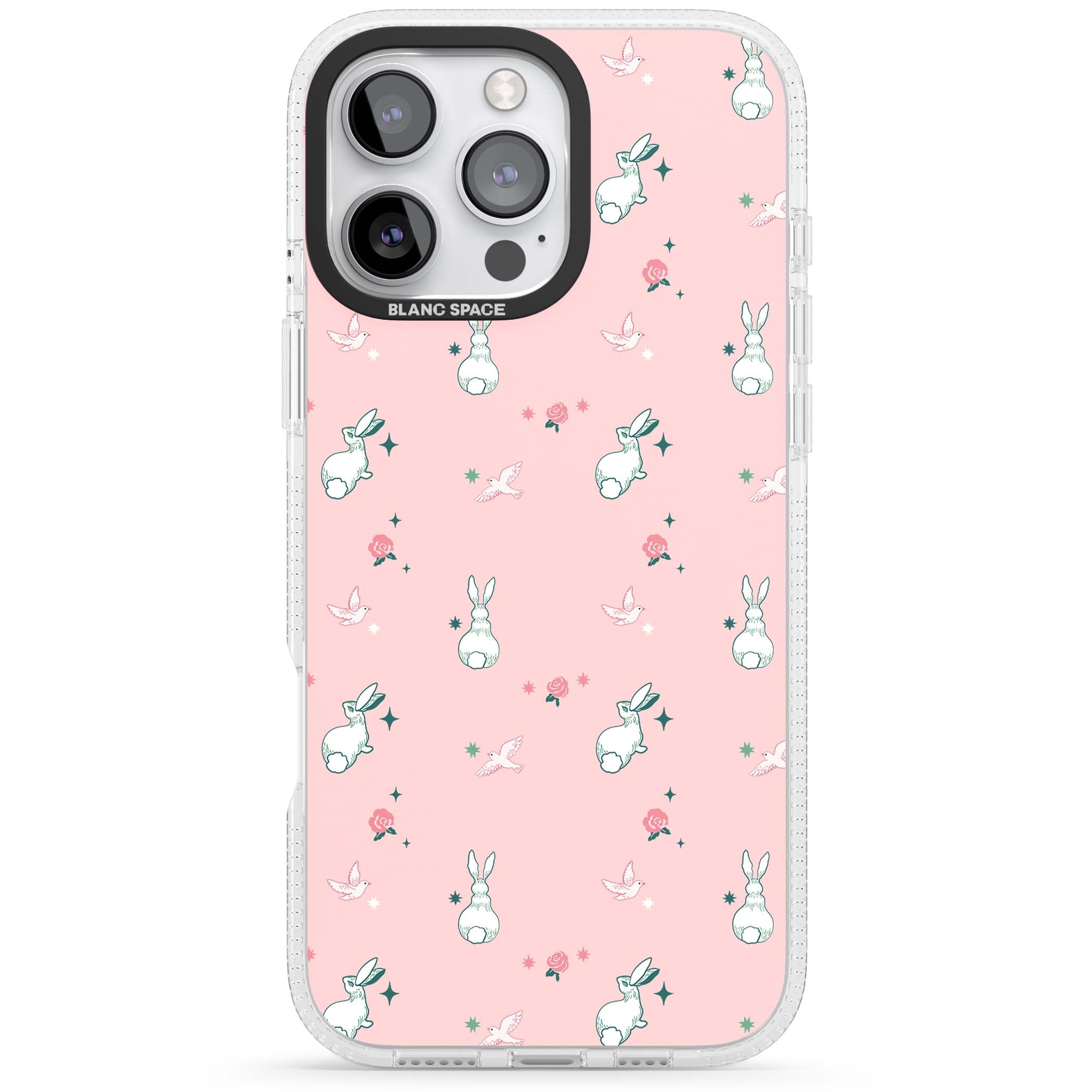 Bunny Garden kawaii iPhone case featuring white rabbits, pink roses, doves and stars on pink background | Clear Case Impact Air case for iPhone 16 Pro, iPhone 16 Pro Max