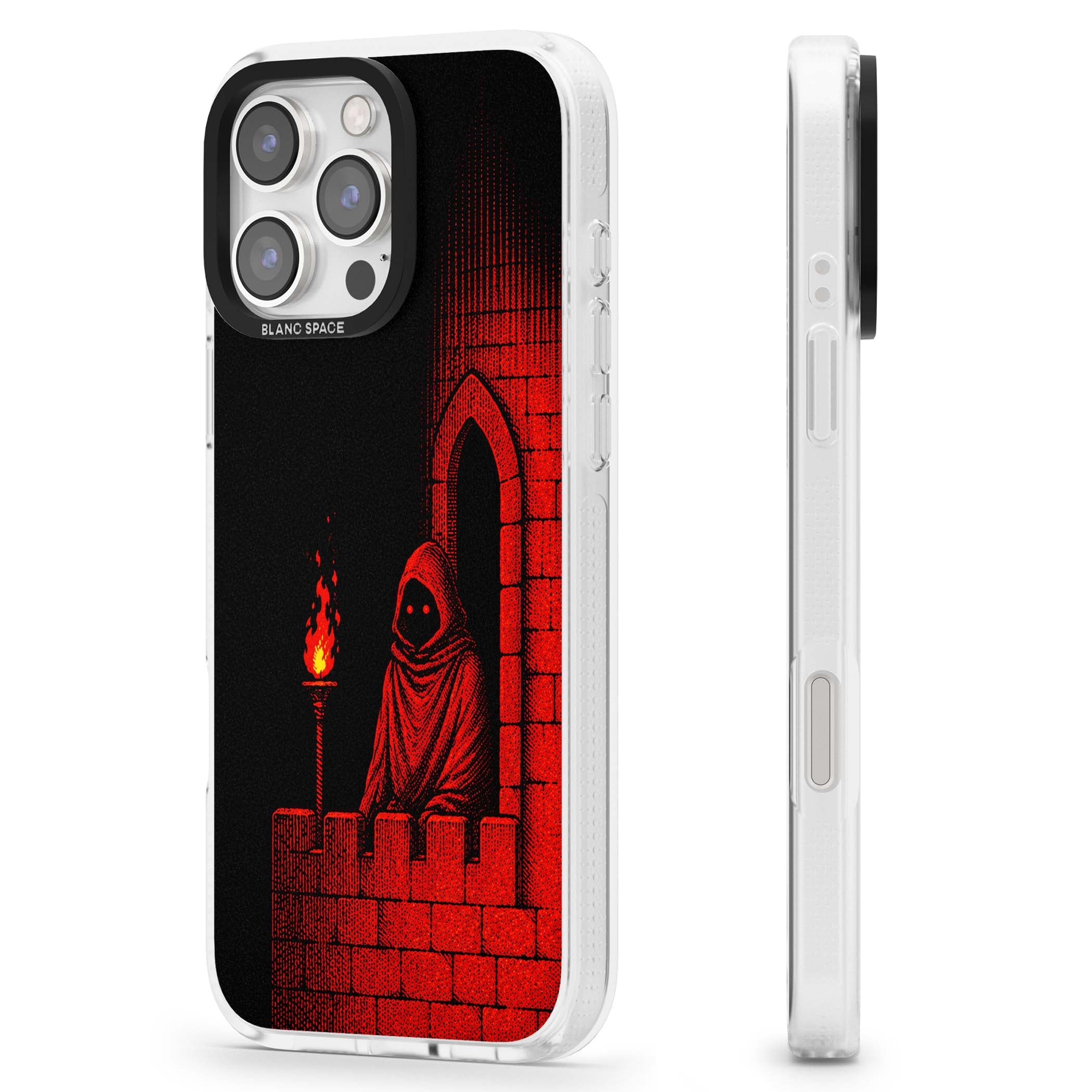 Crimson Crypt gothic iPhone case featuring a hooded reaper, torchlit crypt archway and red halftone horror art | Clear Case Impact Air case for iPhone 16 Pro, iPhone 16 Pro Max