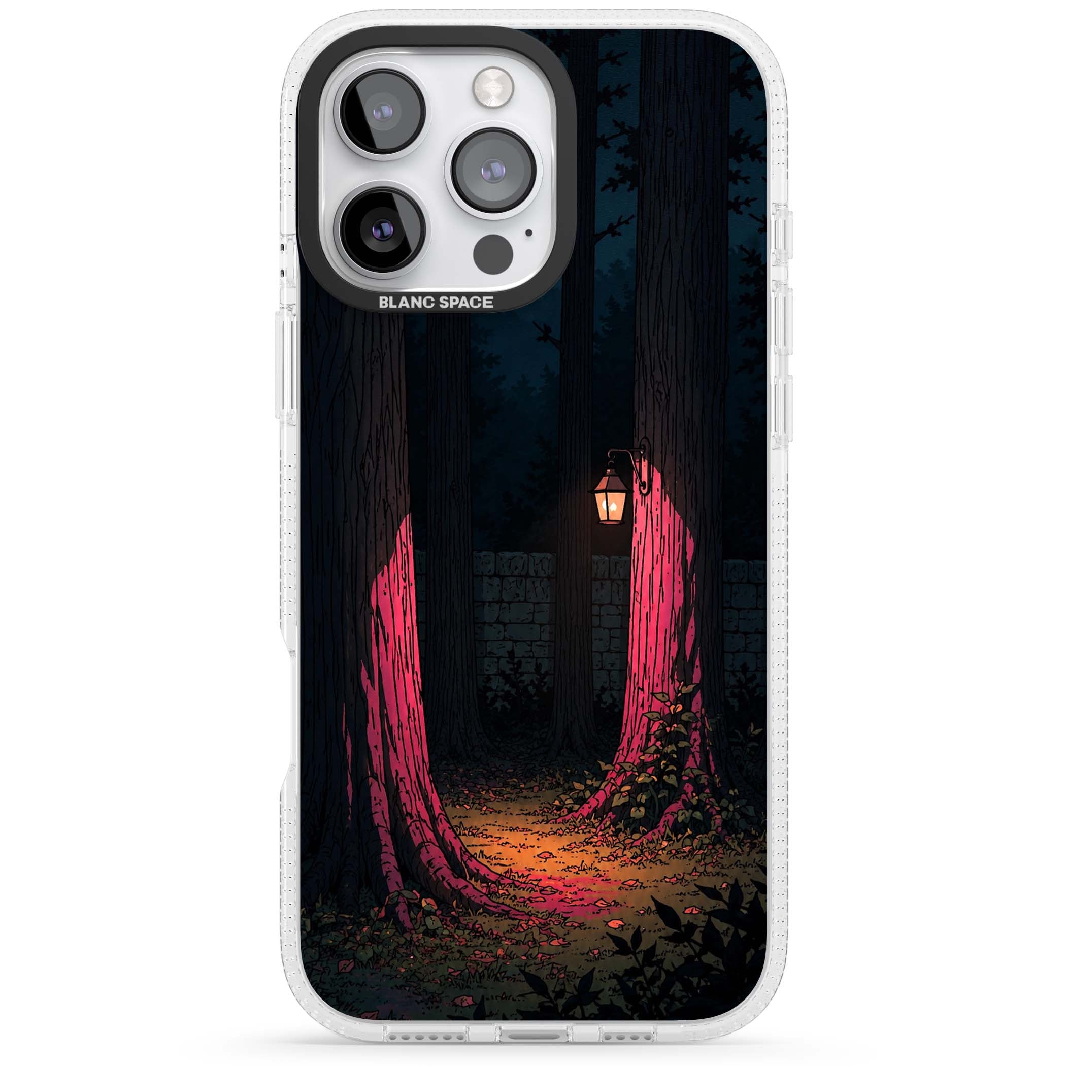 Forest Lantern dark academia iPhone case featuring a moonlit forest, glowing lantern, and stone wall pathway | Clear Case Impact Air case for iPhone 16 Pro, iPhone 16 Pro Max