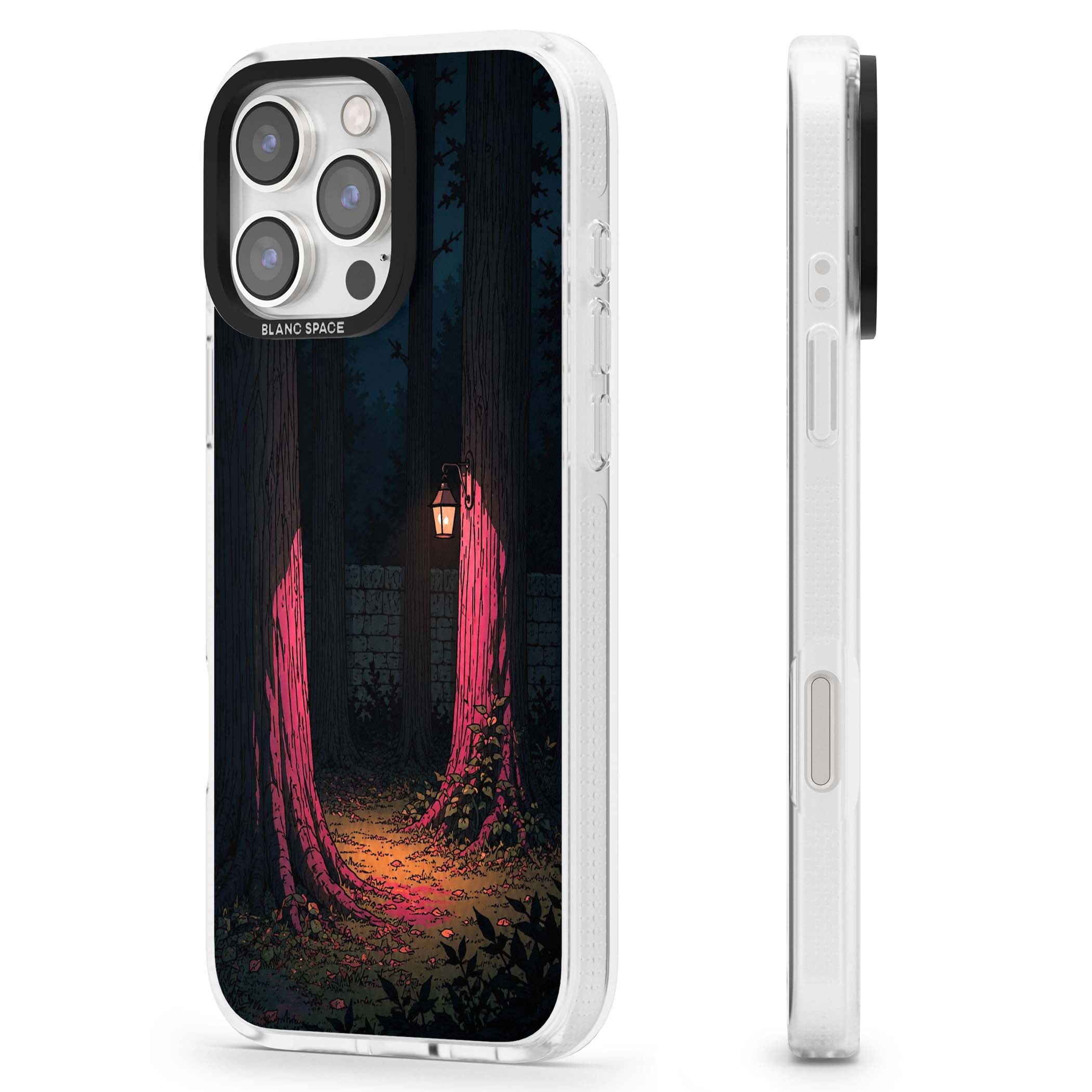 Forest Lantern dark academia iPhone case featuring a moonlit forest, glowing lantern, and stone wall pathway | Clear Case Impact Air case for iPhone 16 Pro, iPhone 16 Pro Max