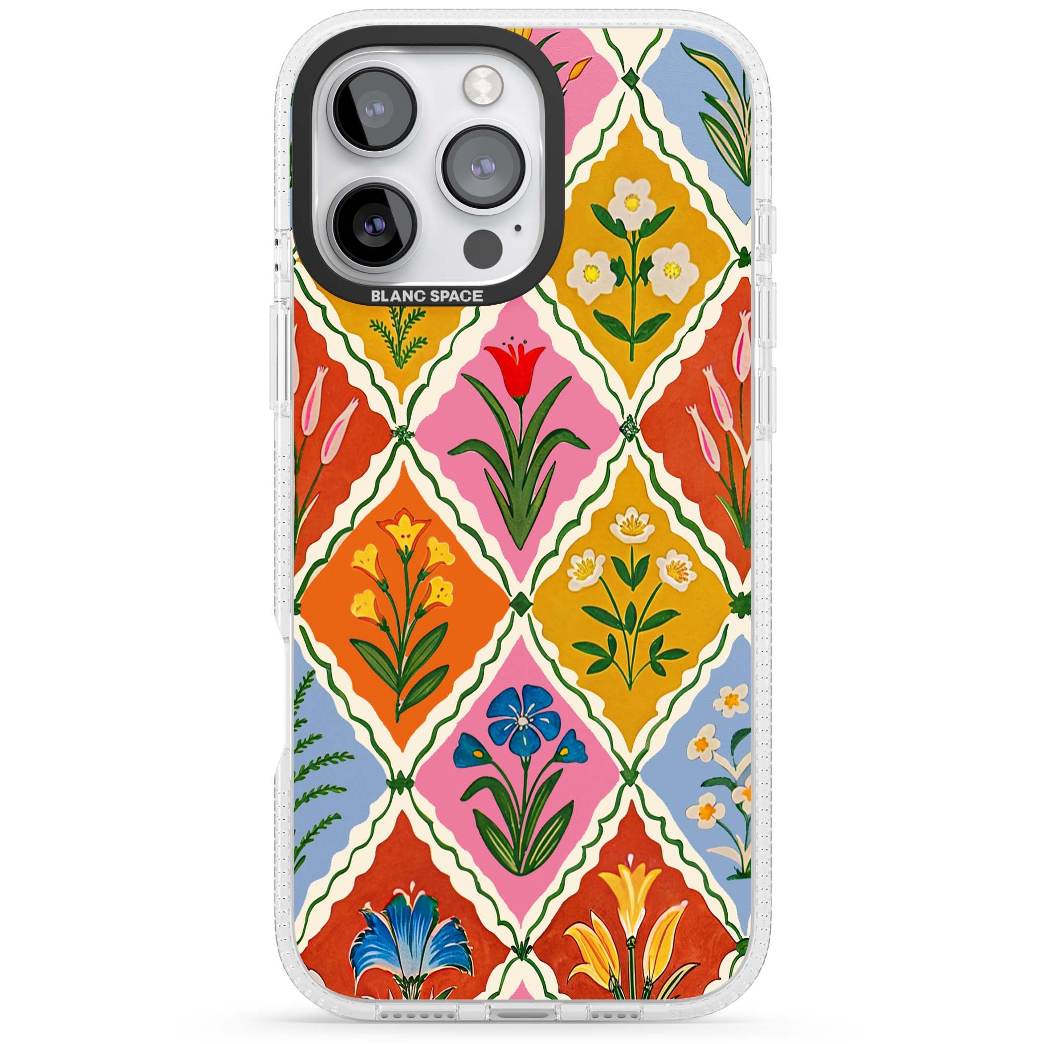 Floral Quilt boho floral iPhone case featuring diamond lattice pattern, hand-painted tulips and folk art wildflowers | Clear Case Impact Air case for iPhone 16 Pro, iPhone 16 Pro Max