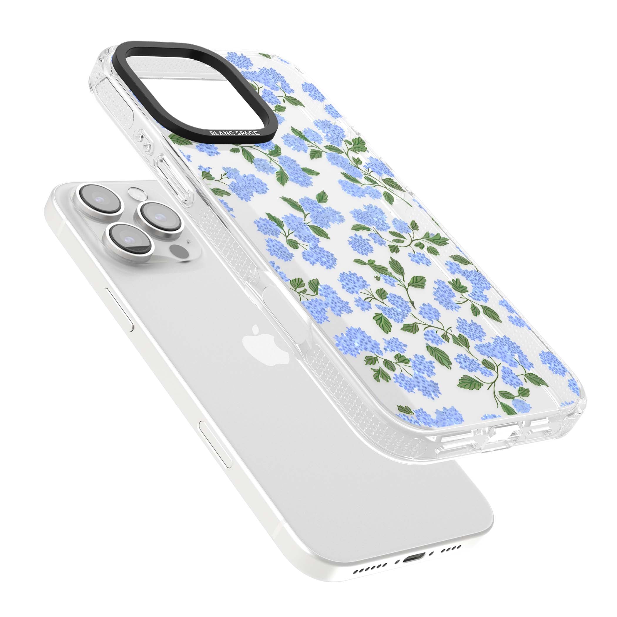 Hydrangea Dreams cottagecore iPhone case featuring soft blue hydrangea flower clusters and green leaves | Clear Case Impact Air case for iPhone 16 Pro, iPhone 16 Pro Max