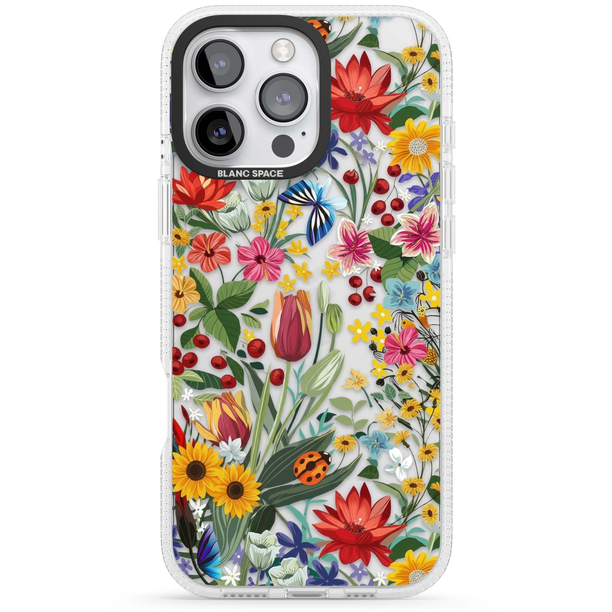 Botanical Bloom cottagecore iPhone case featuring colorful wildflowers, sunflowers, and ladybugs on clear background | Clear Case Impact Air case for iPhone 16 Pro, iPhone 16 Pro Max