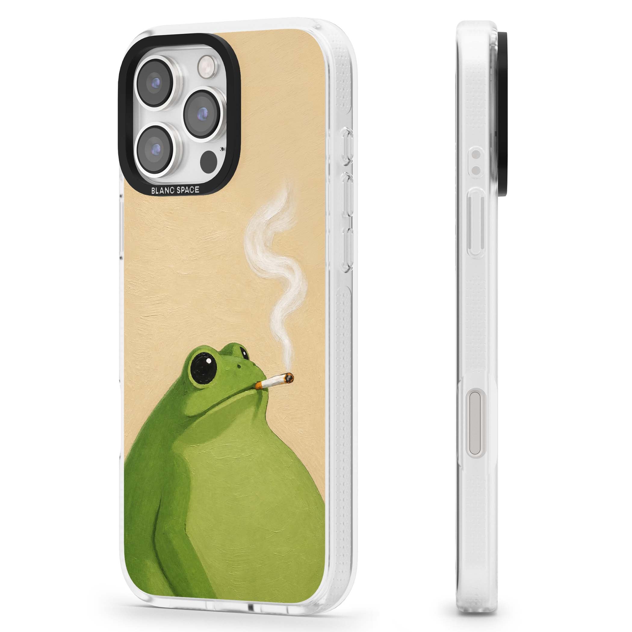 The Smoking Frog cottagecore iPhone case featuring a hand-painted green frog smoking a cigarette on a cream oil painting back | Clear Case Impact Air case for iPhone 16 Pro, iPhone 16 Pro Max