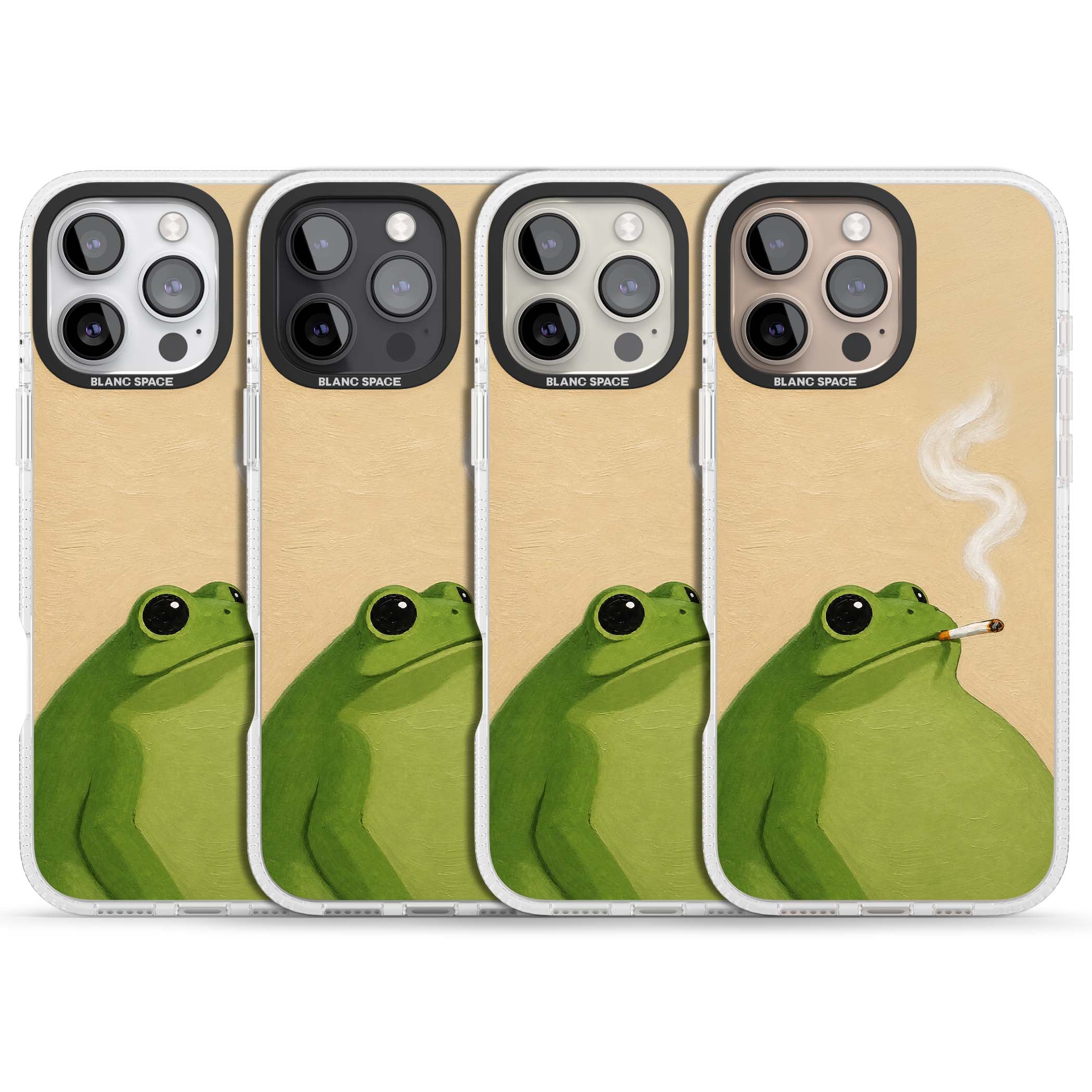 The Smoking Frog cottagecore iPhone case featuring a hand-painted green frog smoking a cigarette on a cream oil painting back | Clear Case Impact Air case for iPhone 16 Pro, iPhone 16 Pro Max