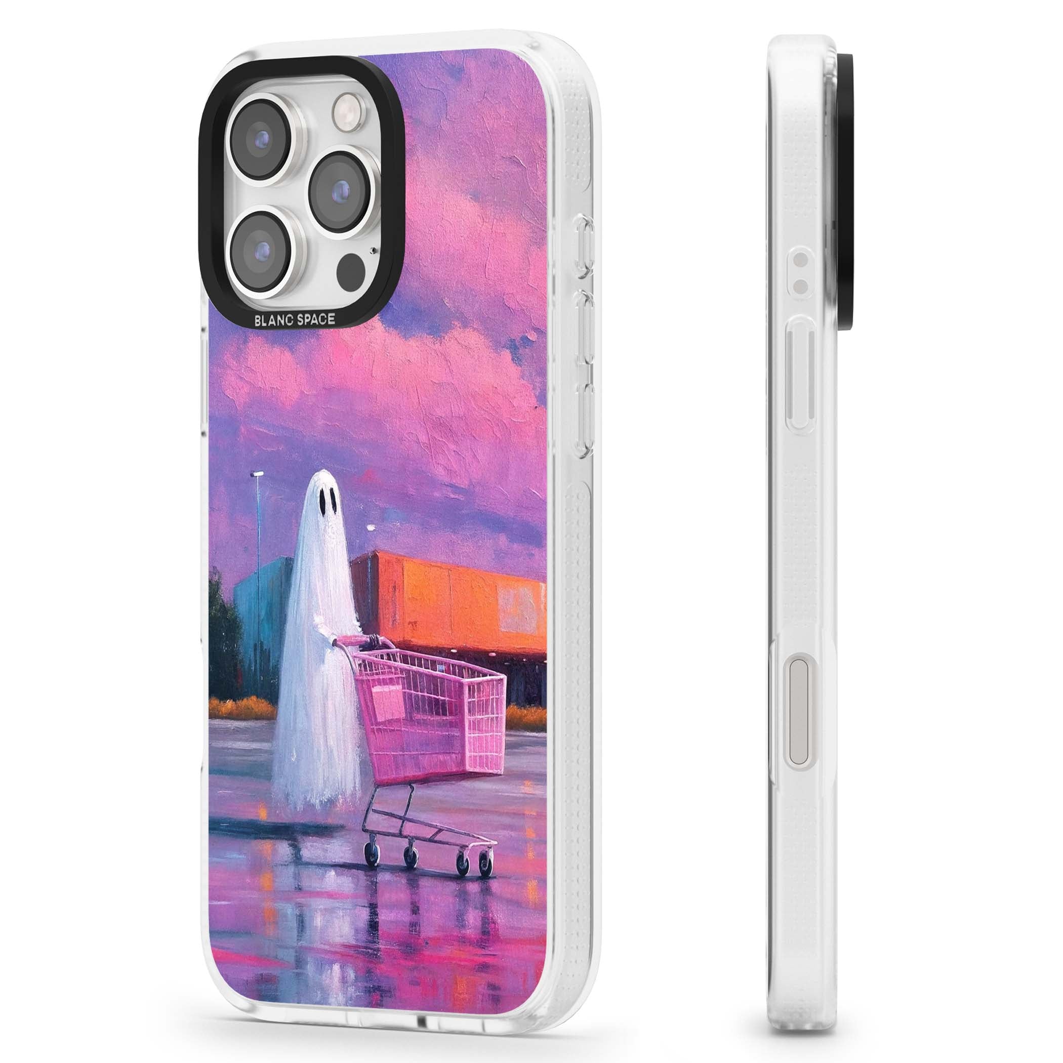 A Ghost's Errand ghost halloween iPhone case featuring a painted ghost, pink shopping trolley and purple sunset sky | Clear Case Impact Air case for iPhone 16 Pro, iPhone 16 Pro Max