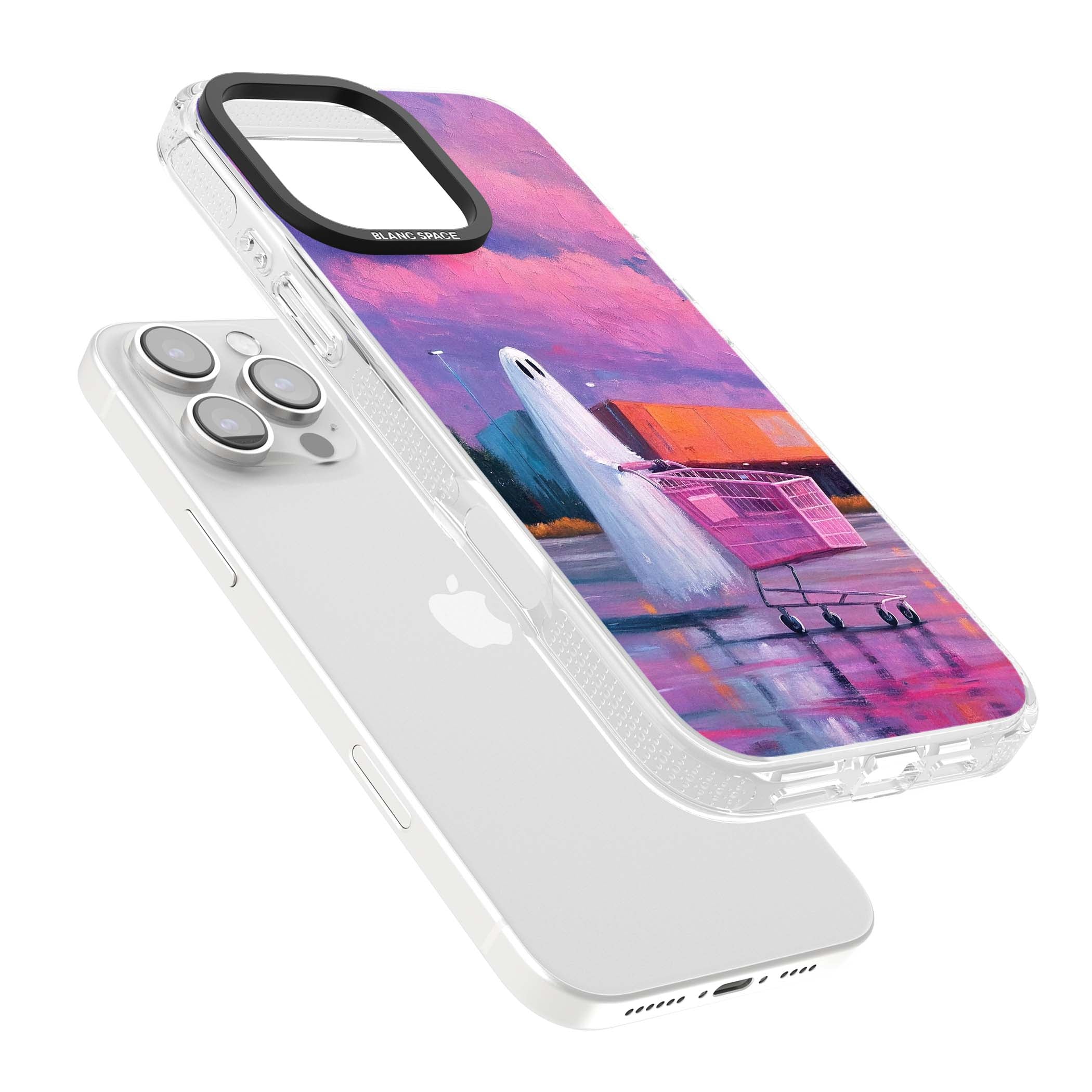 A Ghost's Errand ghost halloween iPhone case featuring a painted ghost, pink shopping trolley and purple sunset sky | Clear Case Impact Air case for iPhone 16 Pro, iPhone 16 Pro Max