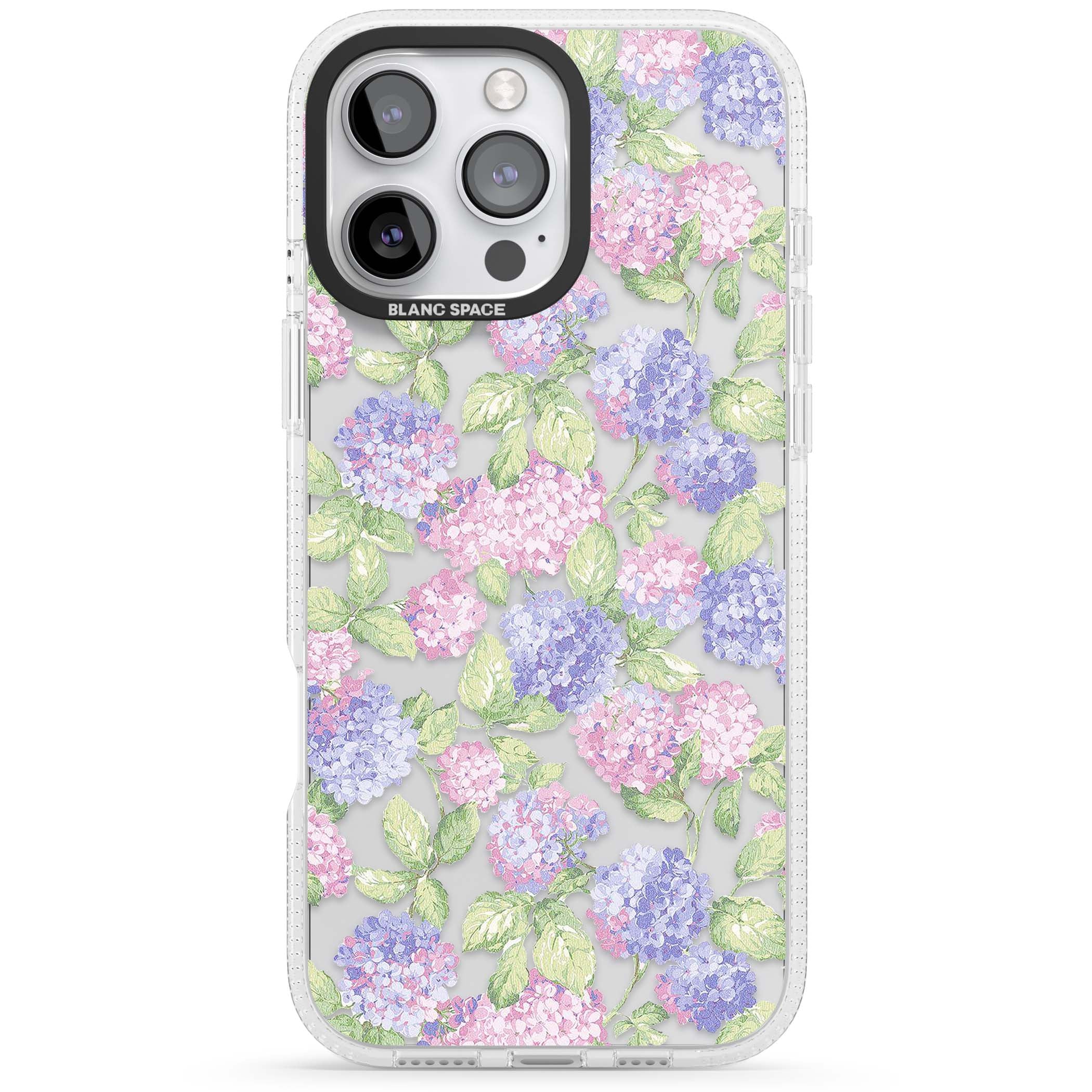 Cottage Hydrangea cottagecore iPhone case featuring pink and purple hydrangea blooms with green leaves on a clear background | Clear Case Impact Air case for iPhone 16 Pro, iPhone 16 Pro Max