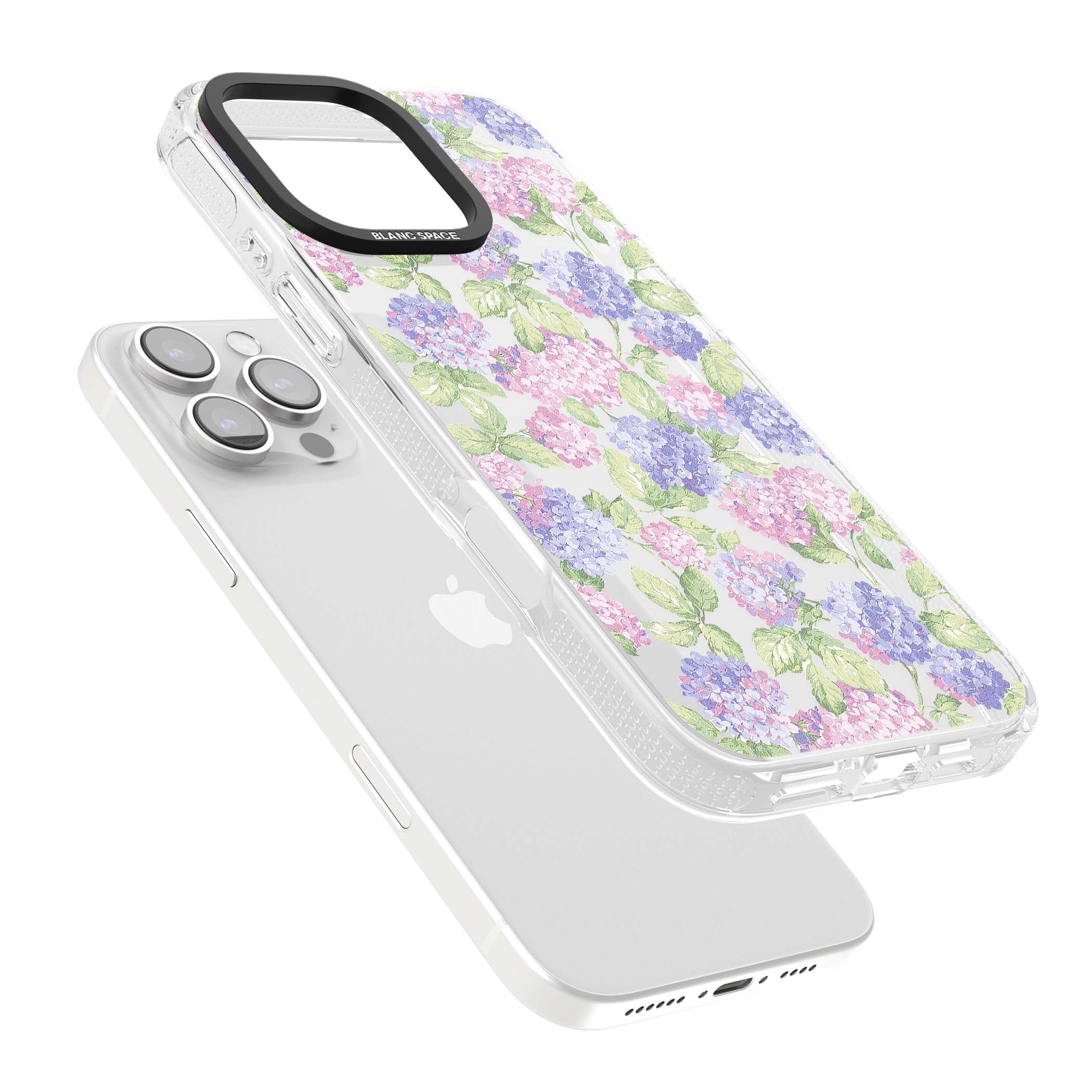 Cottage Hydrangea cottagecore iPhone case featuring pink and purple hydrangea blooms with green leaves on a clear background | Clear Case Impact Air case for iPhone 16 Pro, iPhone 16 Pro Max